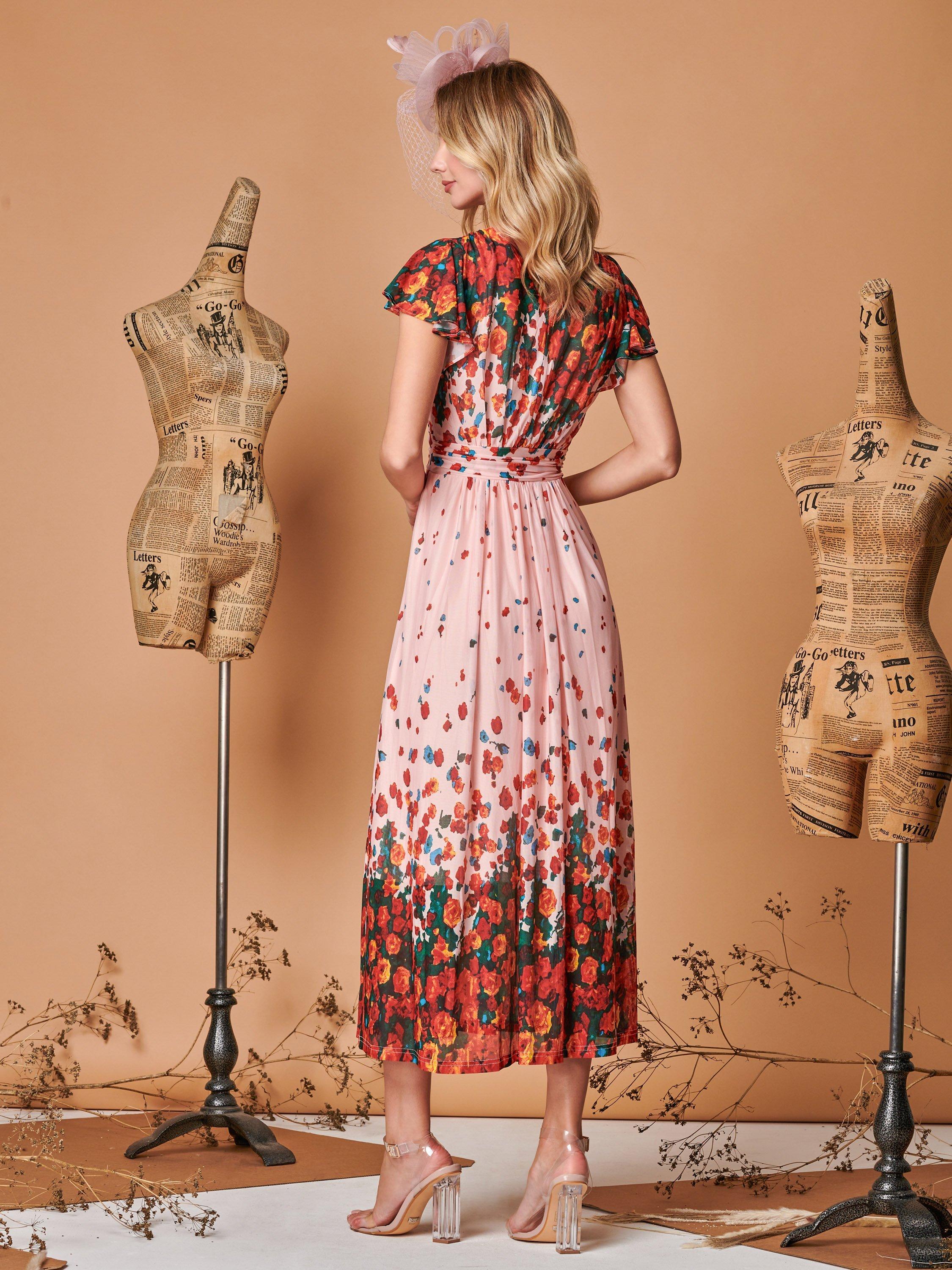 Jolie Moi Floral Print Midi Dress, Coral Pink, 14