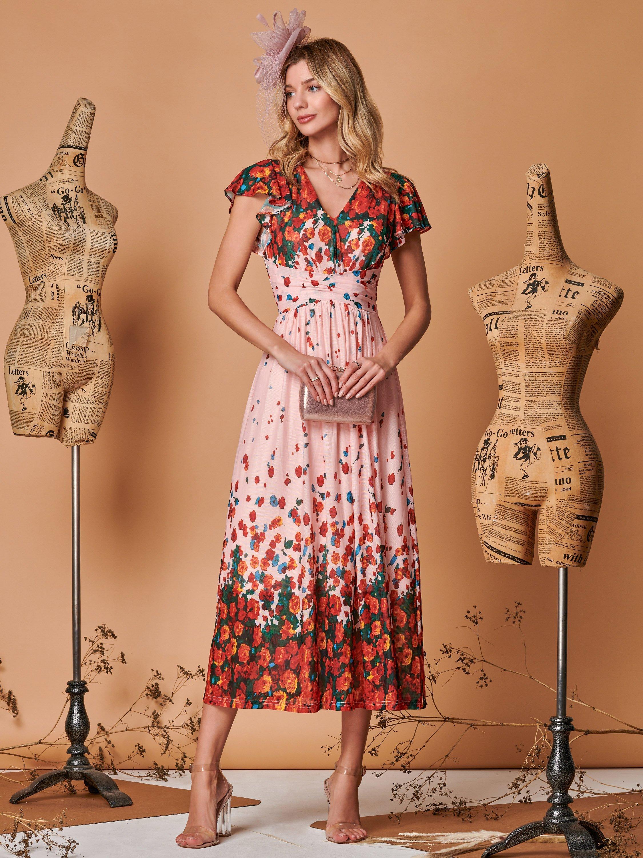 Jolie Moi Floral Print Midi Dress, Coral Pink, 14