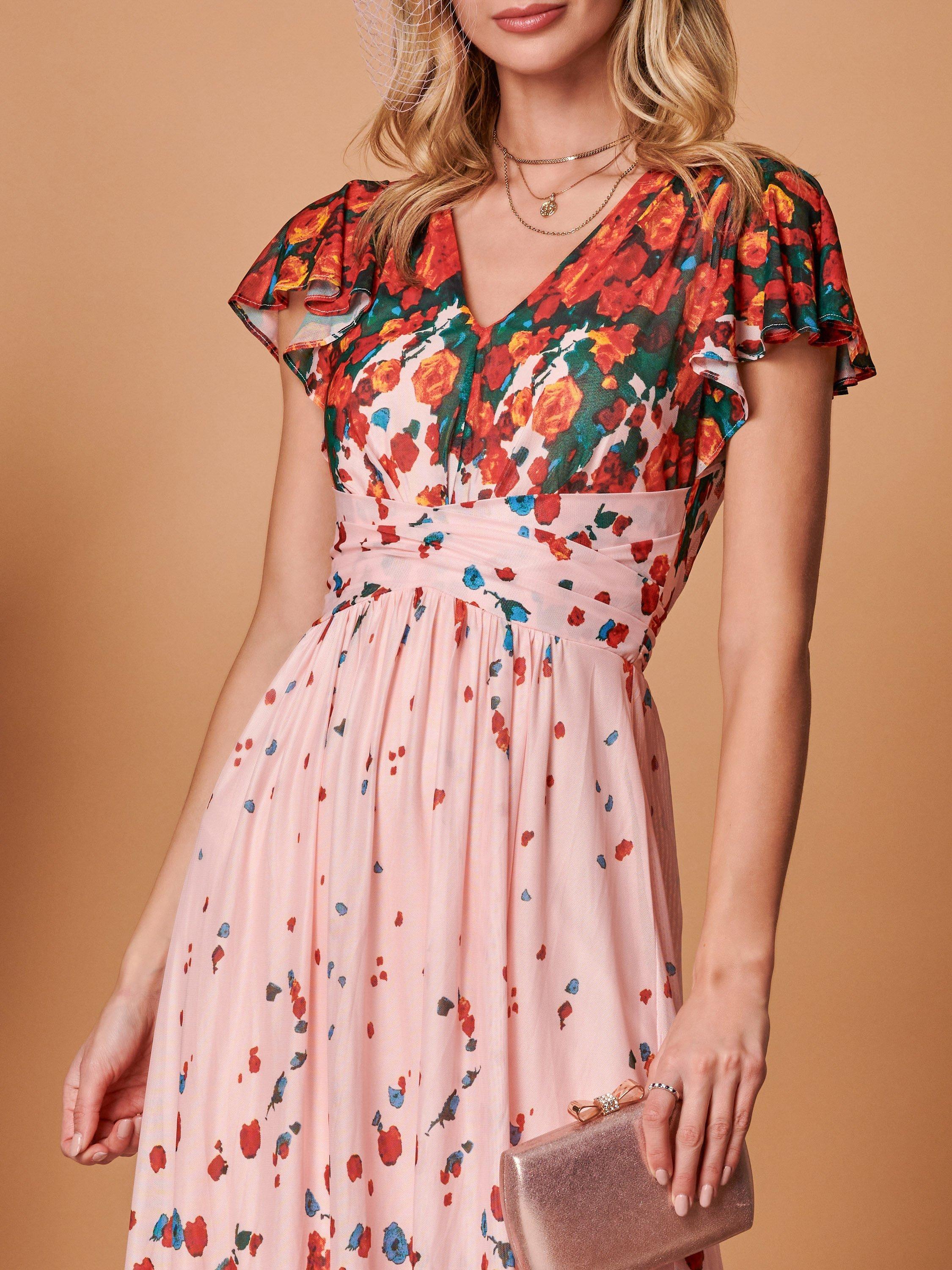 Jolie Moi Floral Print Midi Dress, Coral Pink, 14