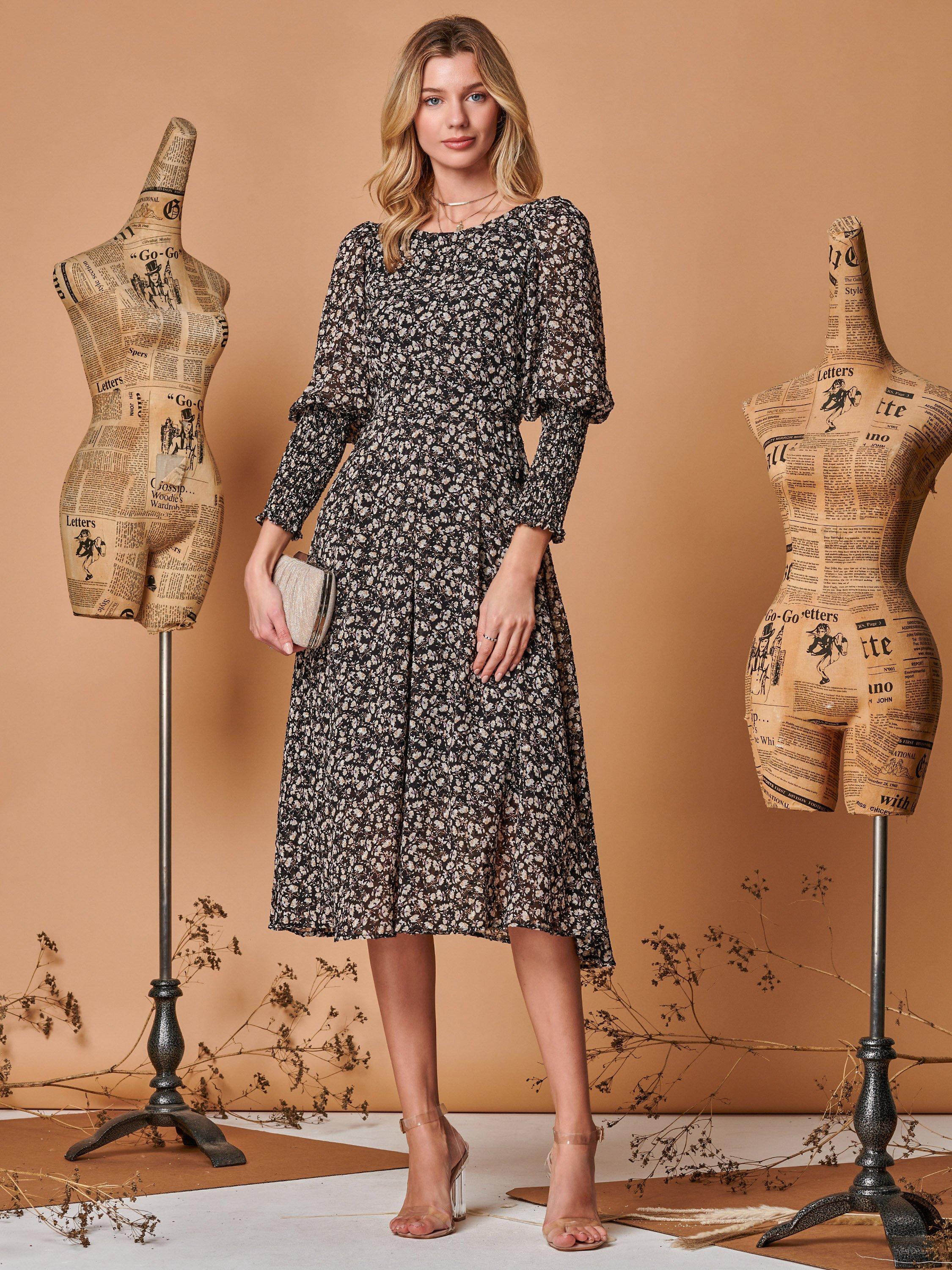 Jolie Moi Ditsy Print Chiffon Midi Dress, Black
