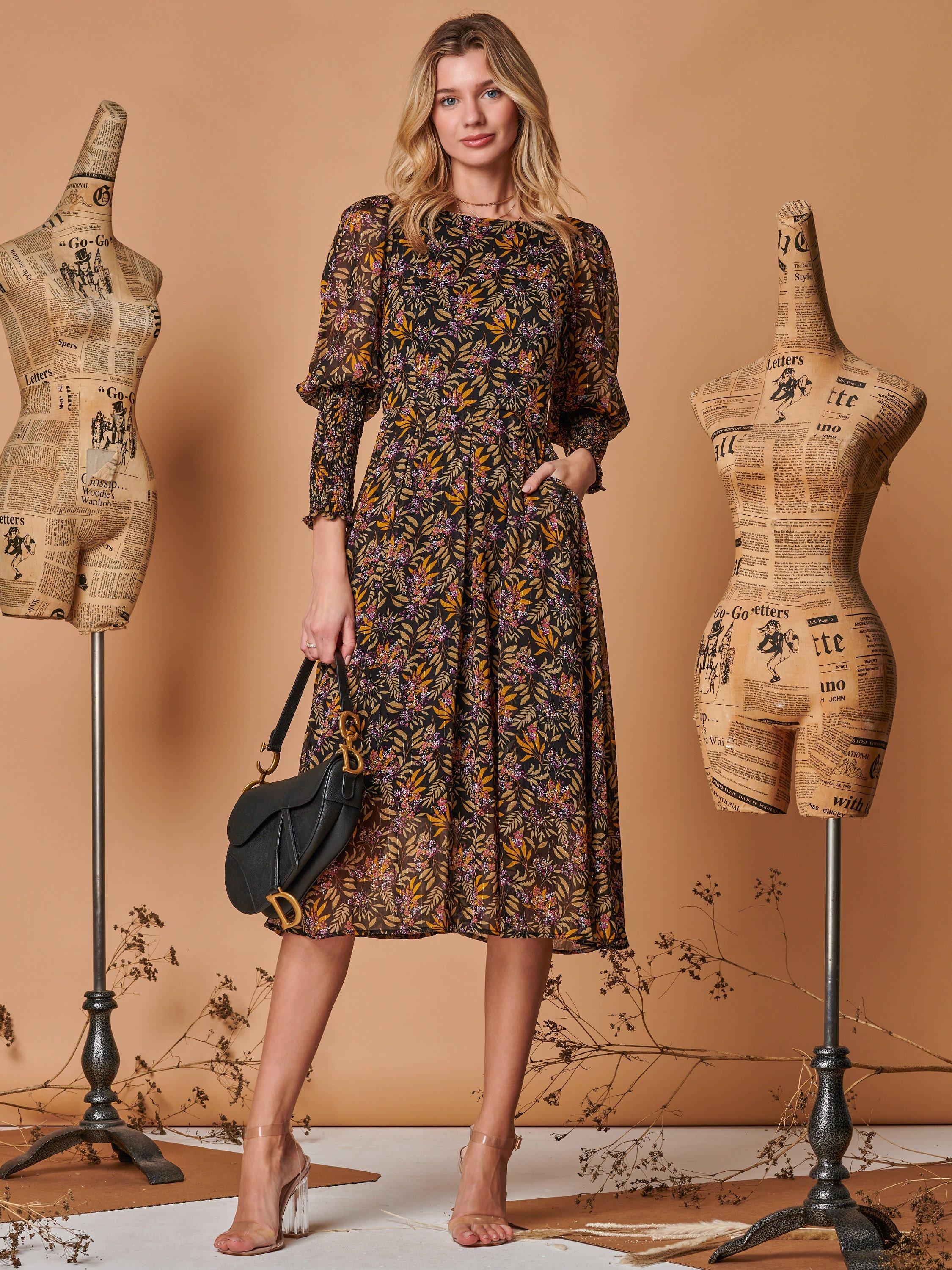Jolie Moi Leaf Print Chiffon Midi Dress, Black