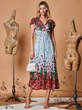 Jolie Moi Symmetrical Floral Midi Dress, Blue/Multi, Blue/Multi