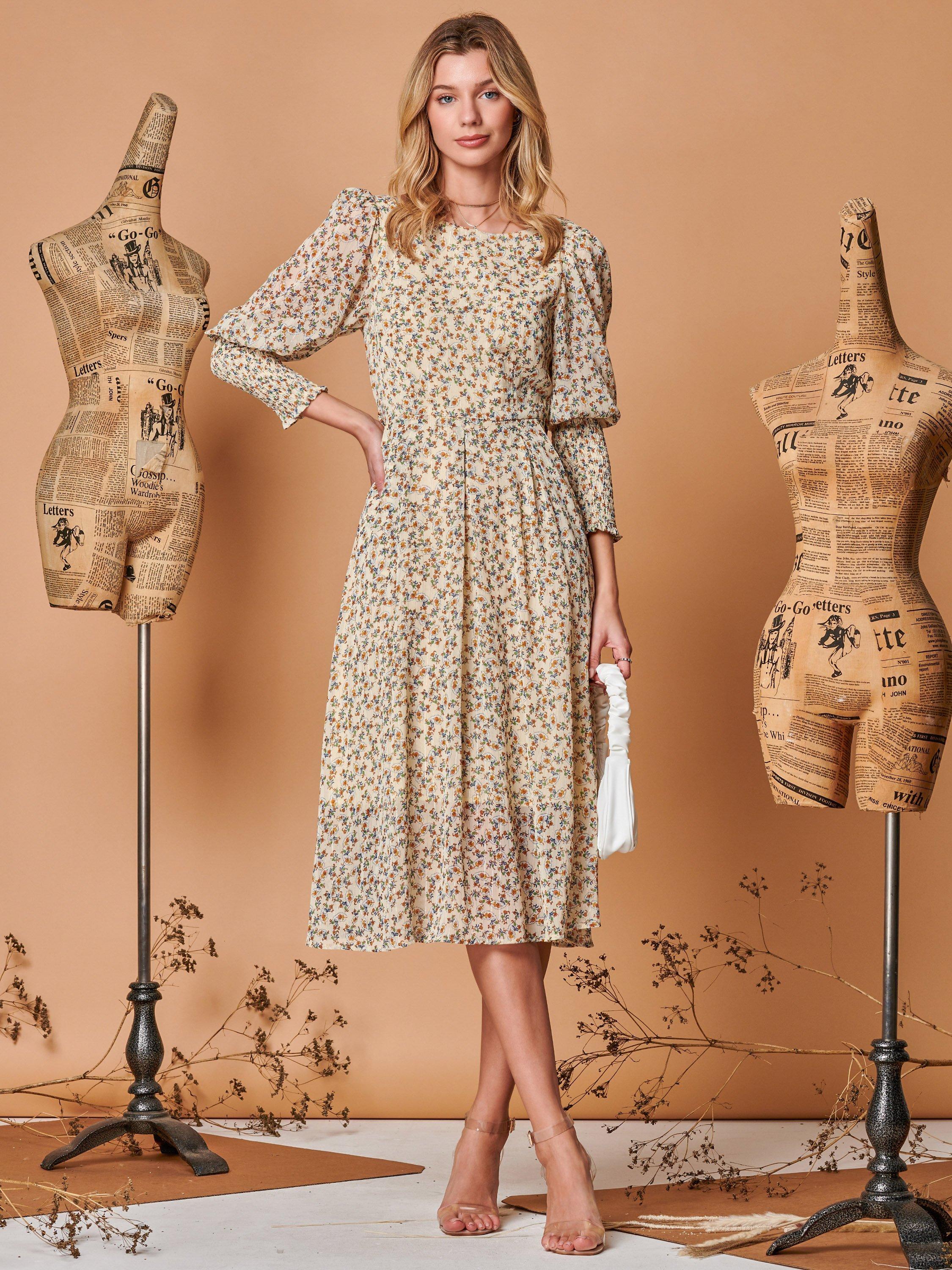 Jolie Moi Floral Print Chiffon Midi Dress Beige