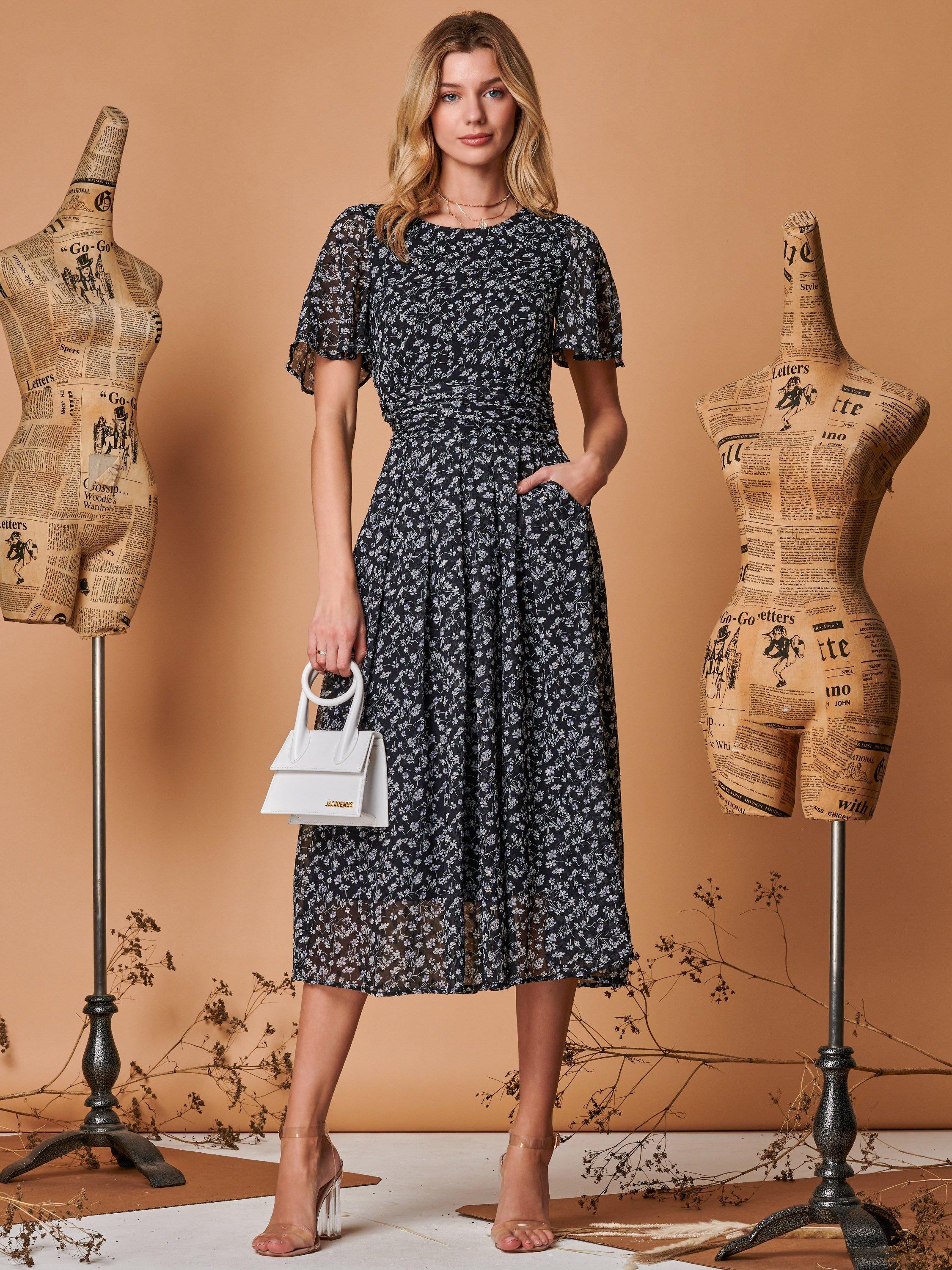 Jolie Moi Ditsy Floral Print Metallic Chiffon Midi Dress, Black/White