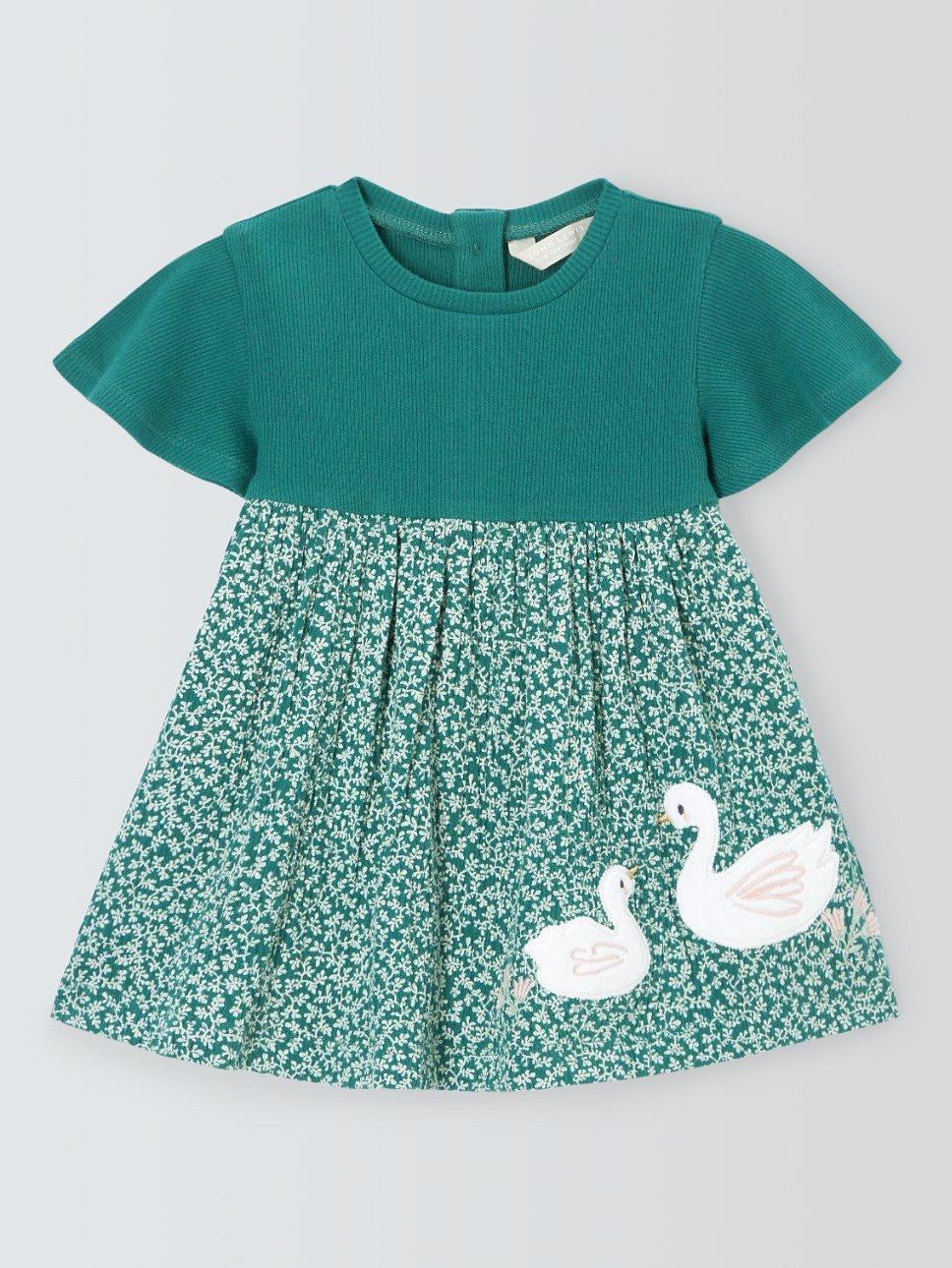 John Lewis Baby Leaf Print Swan Dress Green Multi