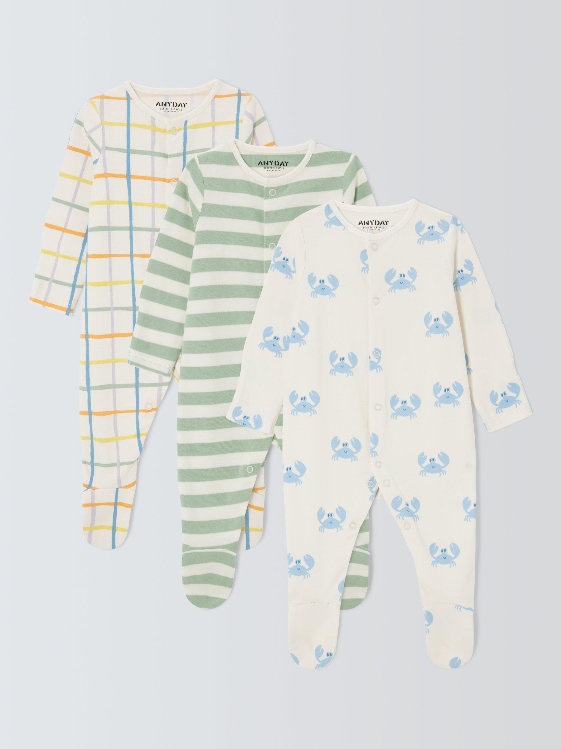 John Lewis ANYDAY Baby Crab Stripe Sleepsuit, Pack of 3, Blue/Multi
