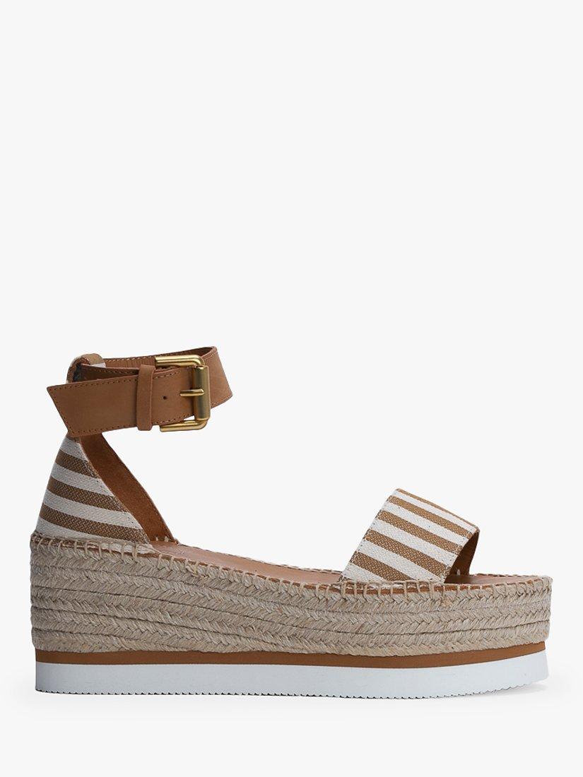 See By Chloe Glyn Stripe Wedge Heel Espadrille Sandals Tan Cream