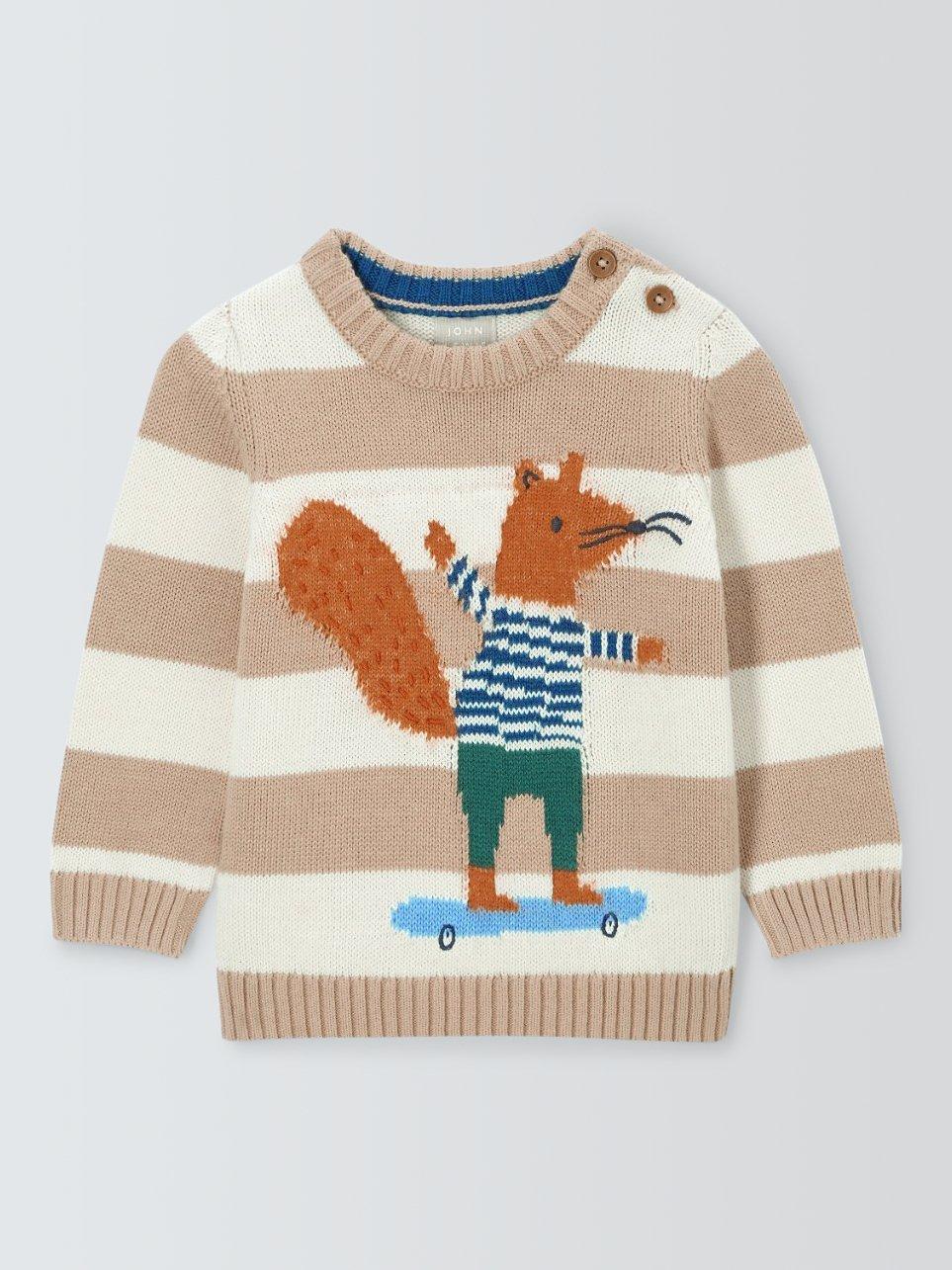 John Lewis Baby Stripe Skateboarding Squirrel Jumper, Neutral
