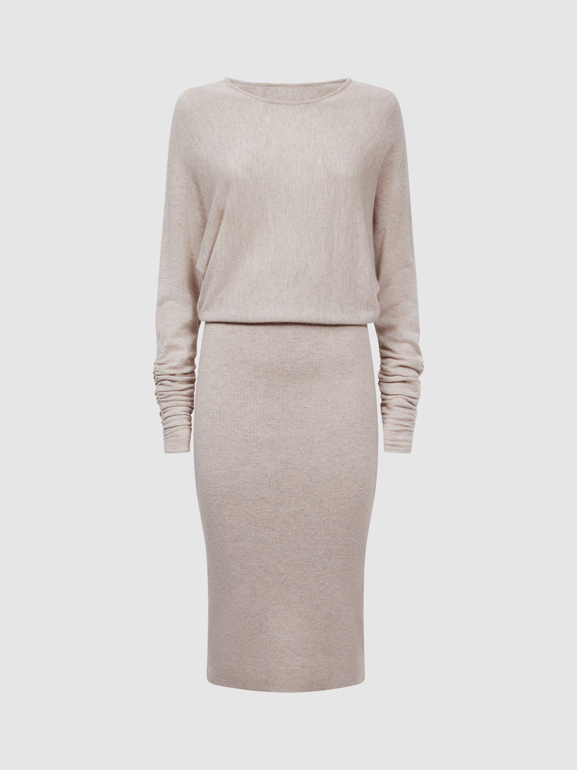 Reiss Leila Knitted Long Sleeve Midi Dress Stone