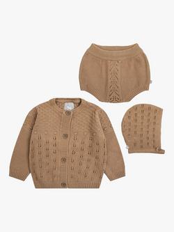The Little Tailor Baby Cotton Pointelle Knit Cardigan, Knickers & Bonnet Gift Set, Tan Brown - view 2, Tan Brown