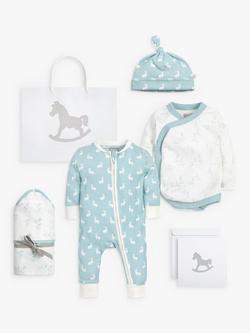The Little Tailor Baby Hare & Rocking Horse Print Luxury 4 Piece Gift Set, Blue/White, Blue/White