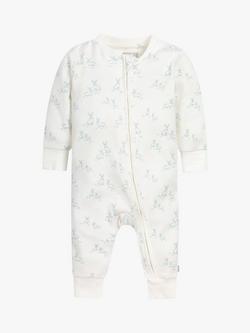 The Little Tailor Baby Hare Print Soft & Comfy Sleepsuit, White/Blue, White/Blue