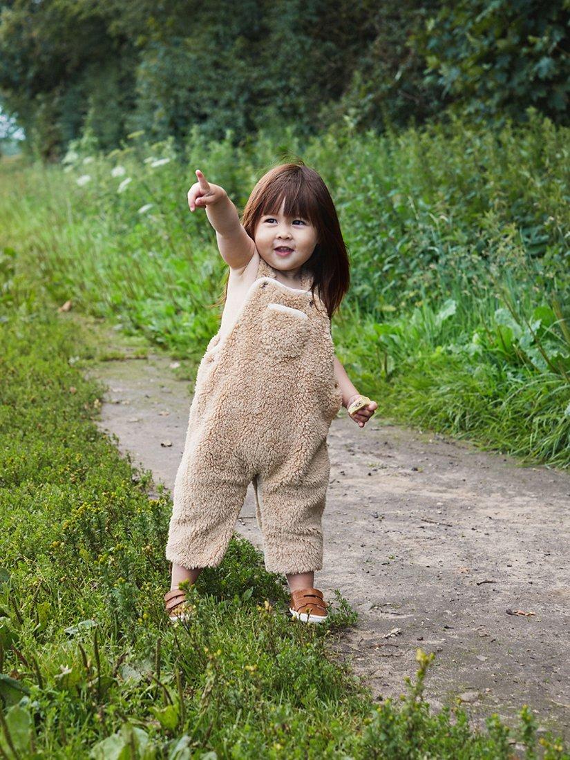 Product image 1 of 5, which shows The Little Tailor Baby Soft & Comfy Sherpa Fleece Dungarees, Tan Brown, 0-3 months