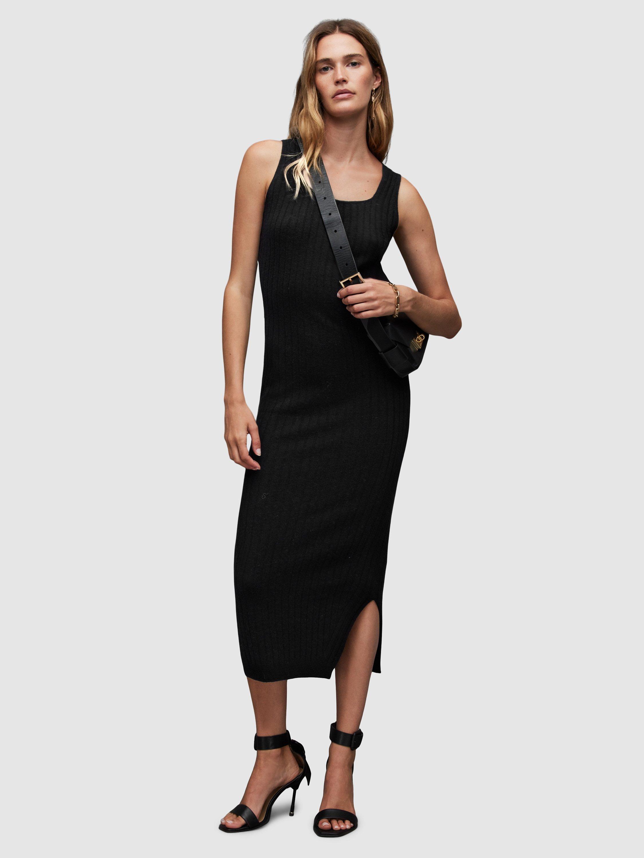 AllSaints Margot 2 in 1 Ribbed Midi Dress Black