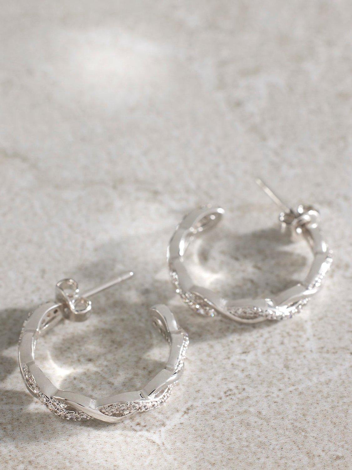 Mint Velvet Cubic Zirconia Twisted Hoop Earrings, Silver