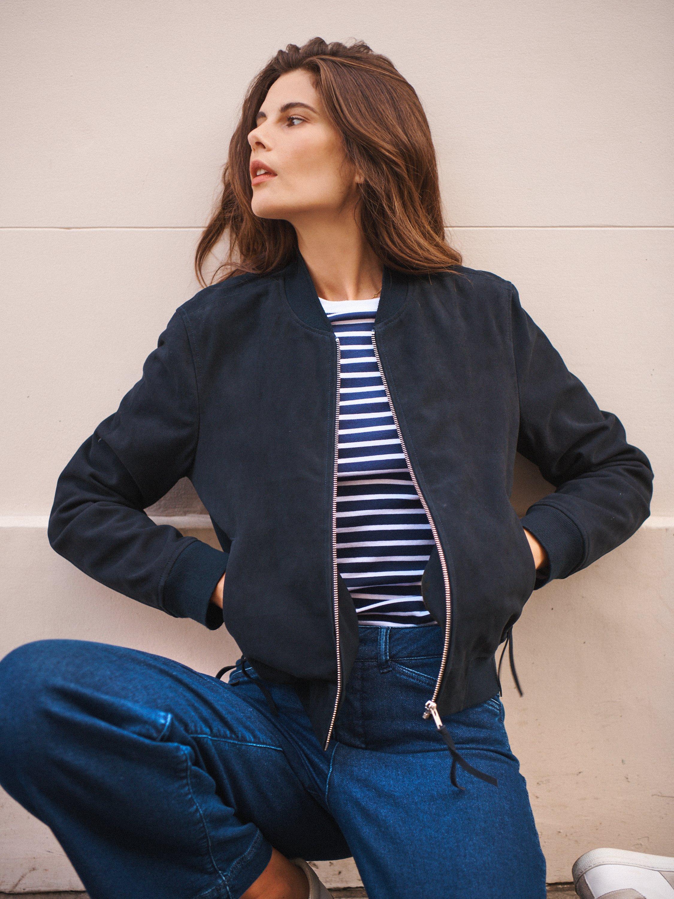 Product image 1 of 5, which shows NRBY Bailey Suede Bomber, Navy, S