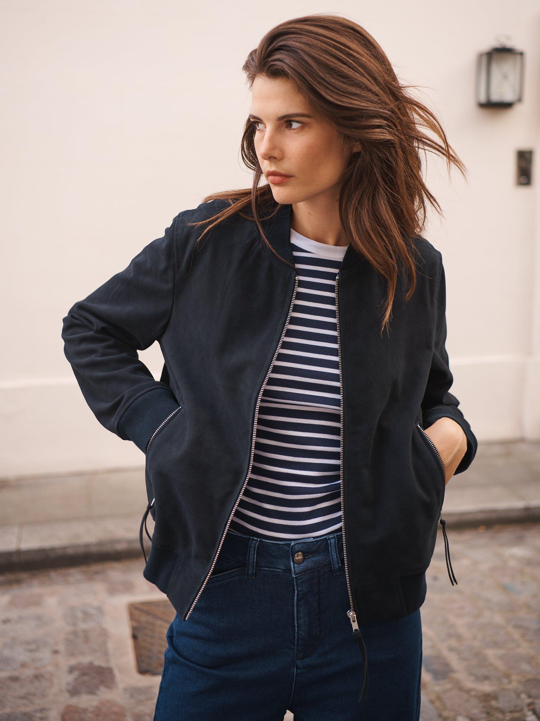 Product image 2 of 5, which shows NRBY Bailey Suede Bomber, Navy, S