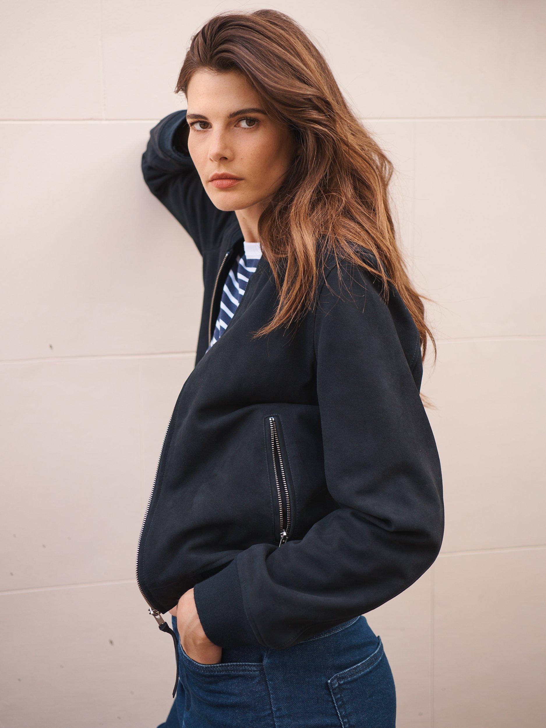 Product image 3 of 5, which shows NRBY Bailey Suede Bomber, Navy, S