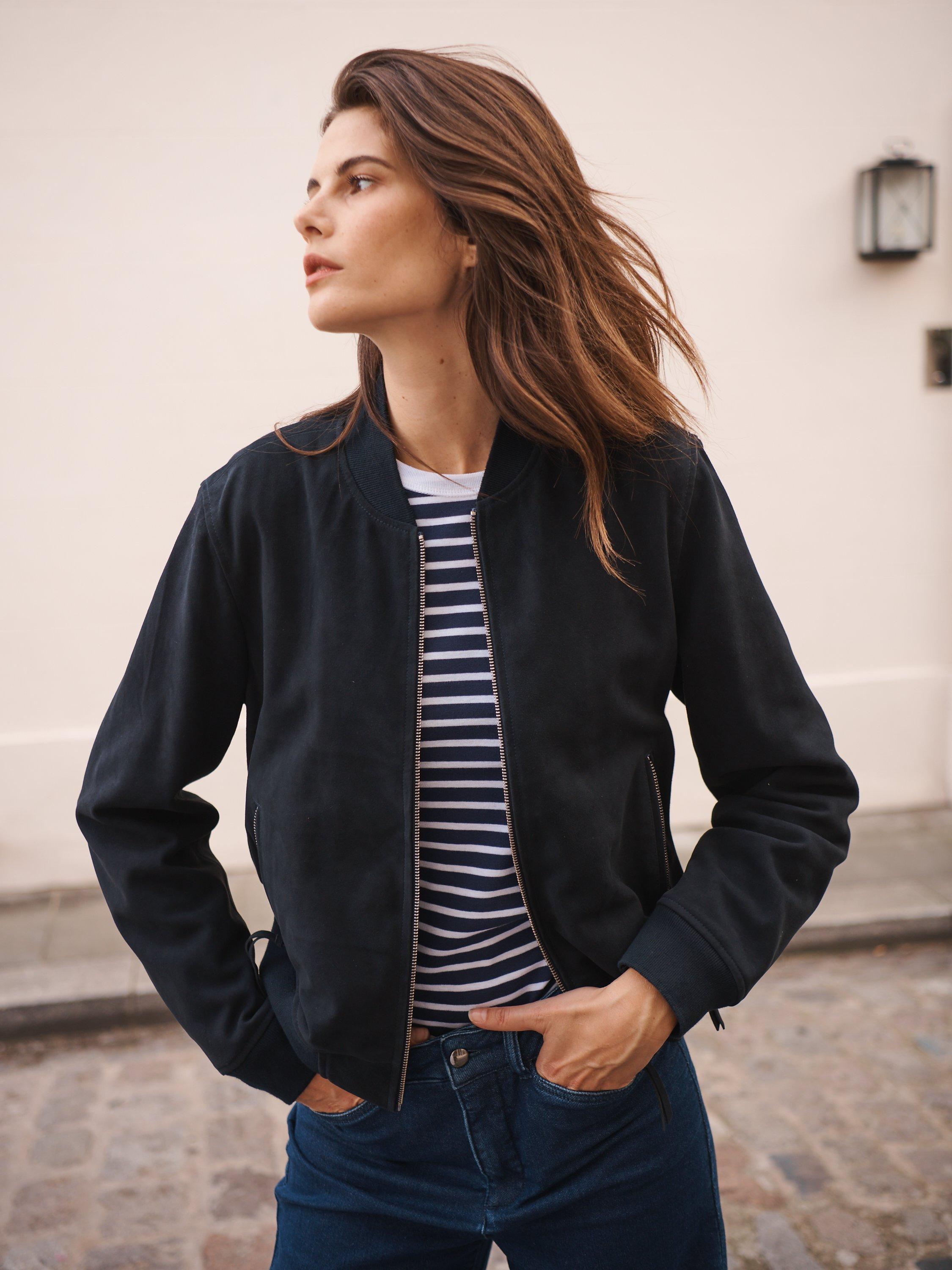 Product image 4 of 5, which shows NRBY Bailey Suede Bomber, Navy, S