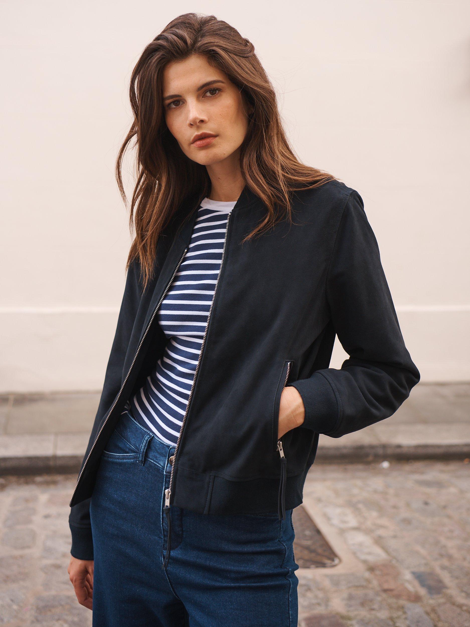 Product image 5 of 5, which shows NRBY Bailey Suede Bomber, Navy, S