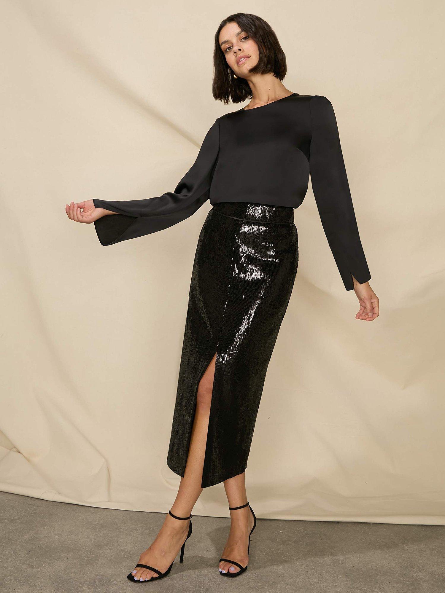 Product image 1 of 5, which shows Ro&Zo Petite Sequin Split Front Skirt, Black, 14