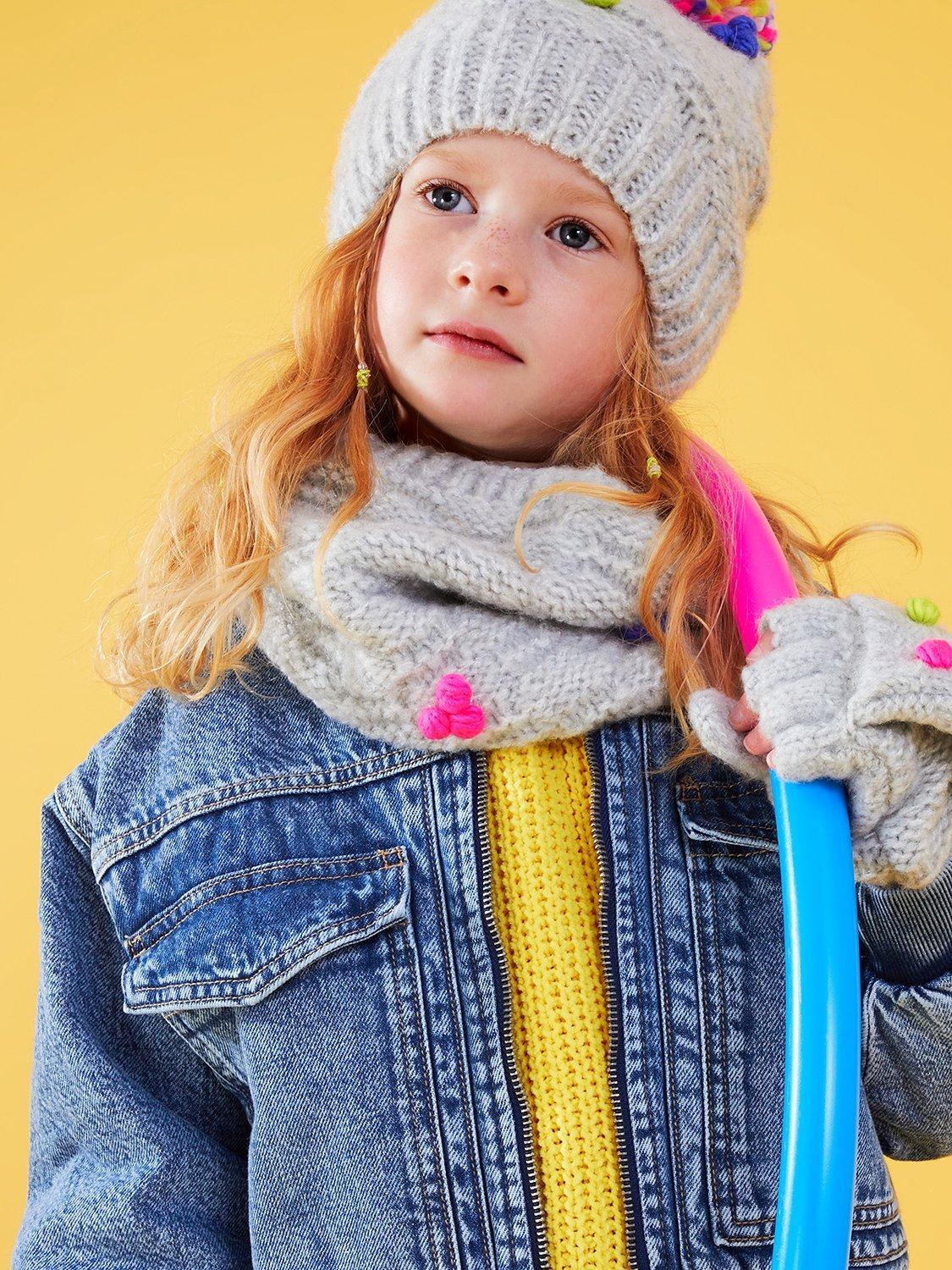 Product image 2 of 3, which shows Angels by Accessorize Kids' Pom Pom Snood, Grey/Multi, One Size