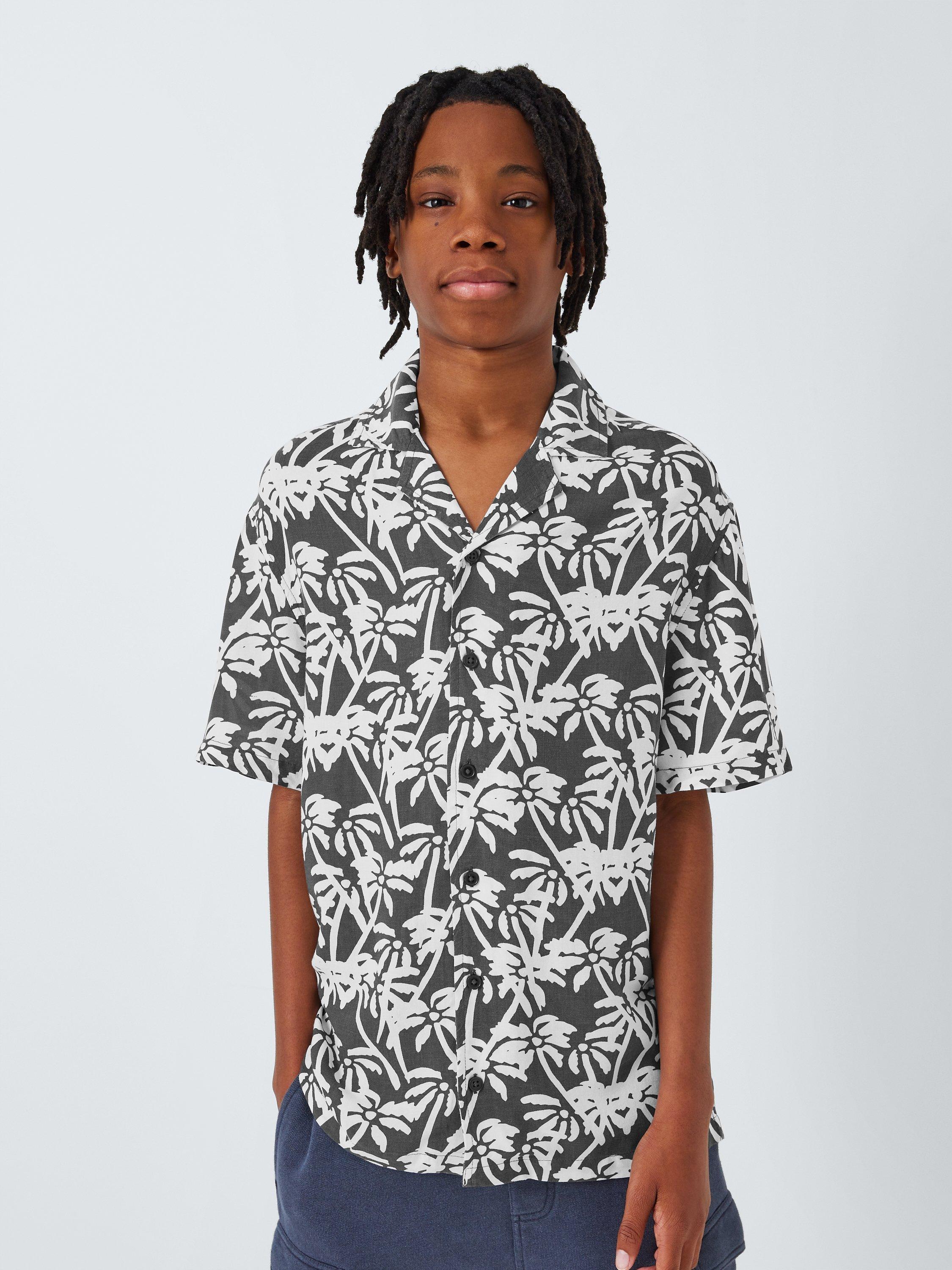 John Lewis Kids' Palm Print Short Sleeve Shirt, Black, 9 years