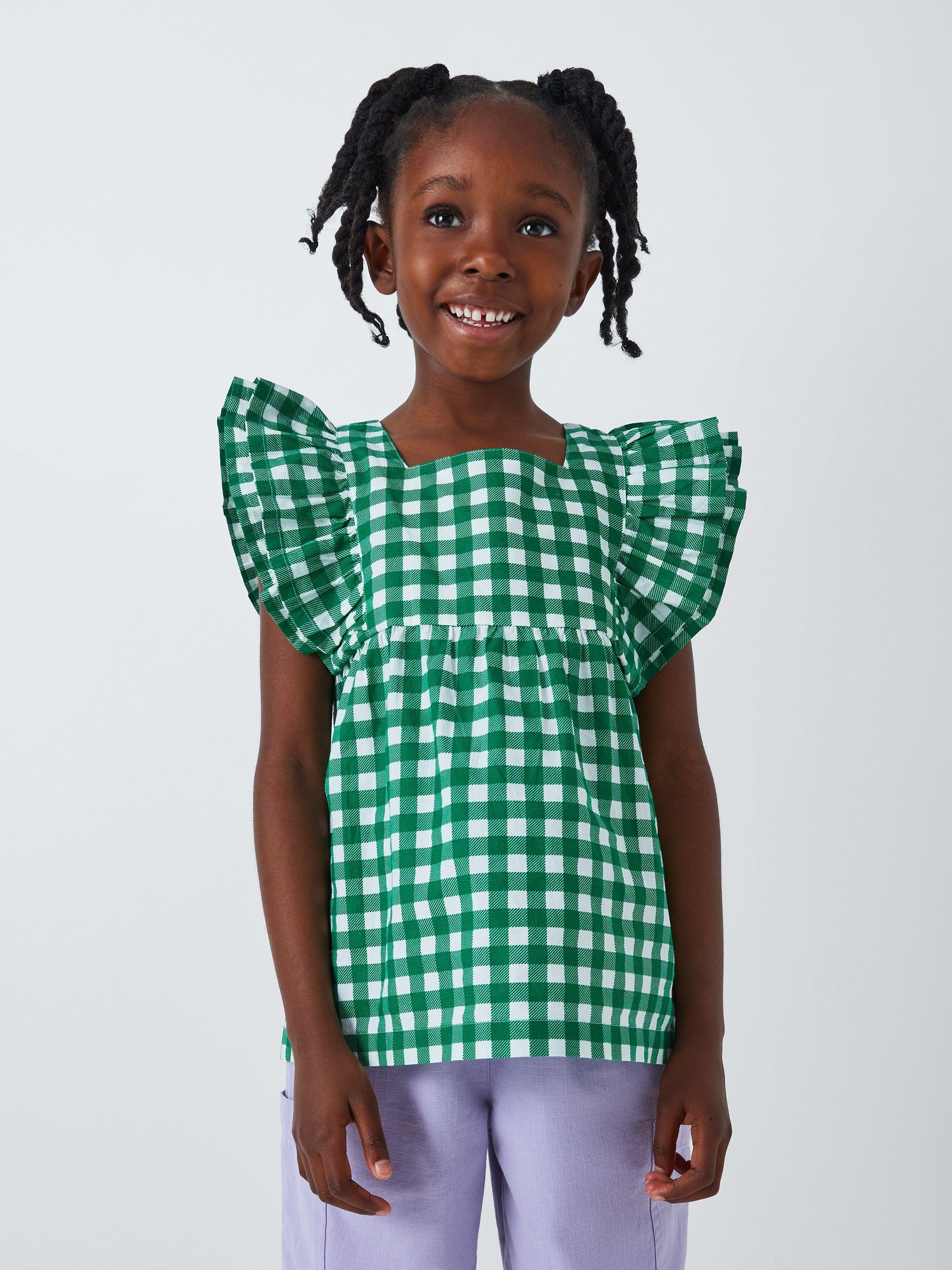 John Lewis ANYDAY Kids' Gingham Frill Top, Lush Meadow