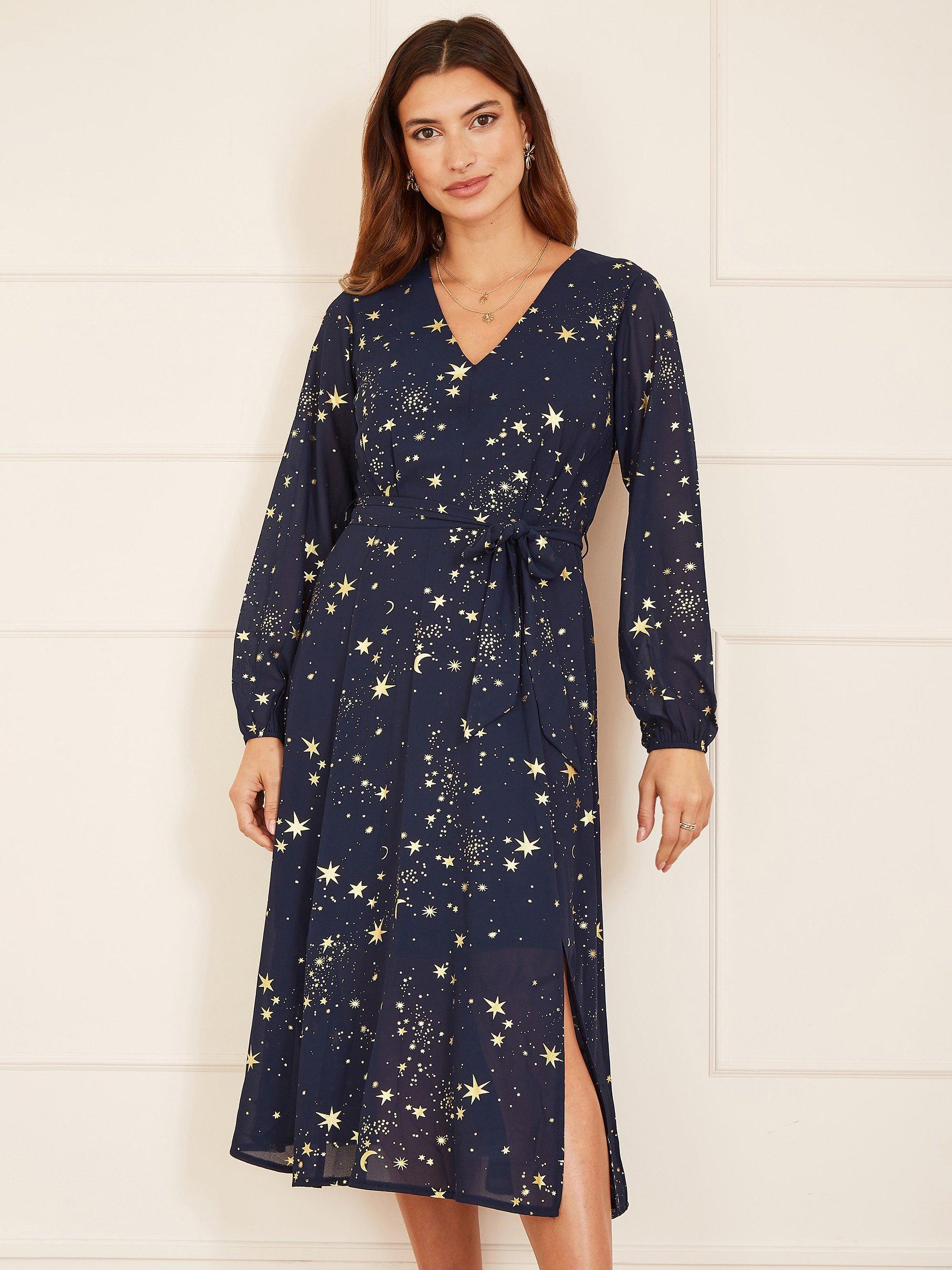 Product image 1 of 6, which shows Yumi Mela London Foil Star Print Long Sleeve Midi Dress, Navy, 8