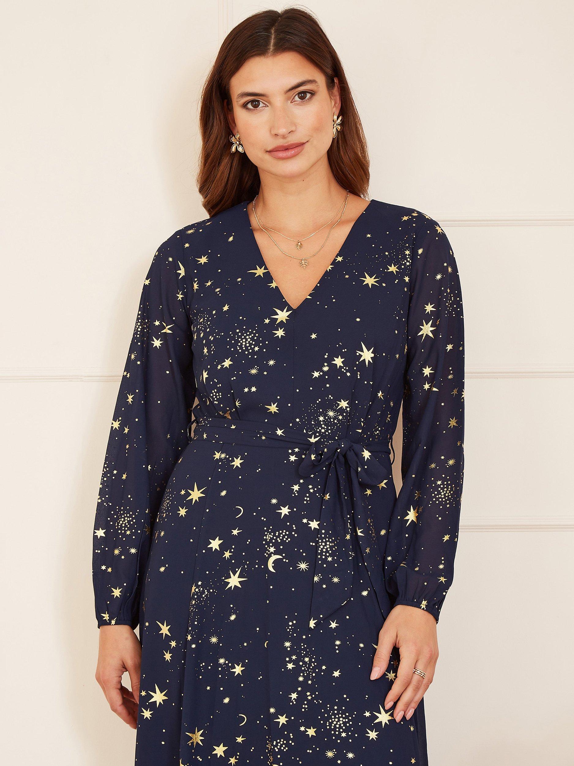 Product image 2 of 6, which shows Yumi Mela London Foil Star Print Long Sleeve Midi Dress, Navy, 8