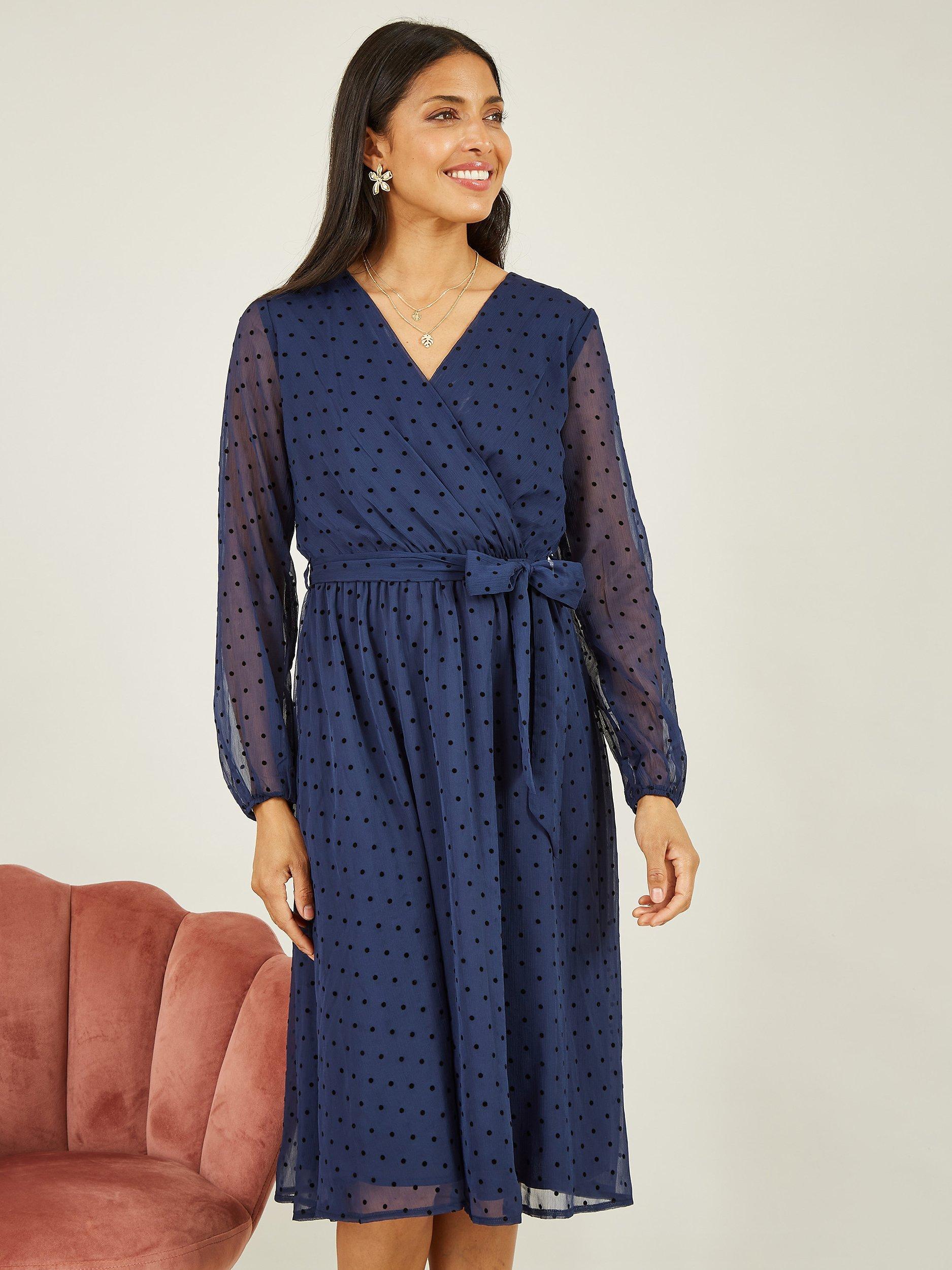 Mela London Dobby Spot Midi Wrap Dress, Navy