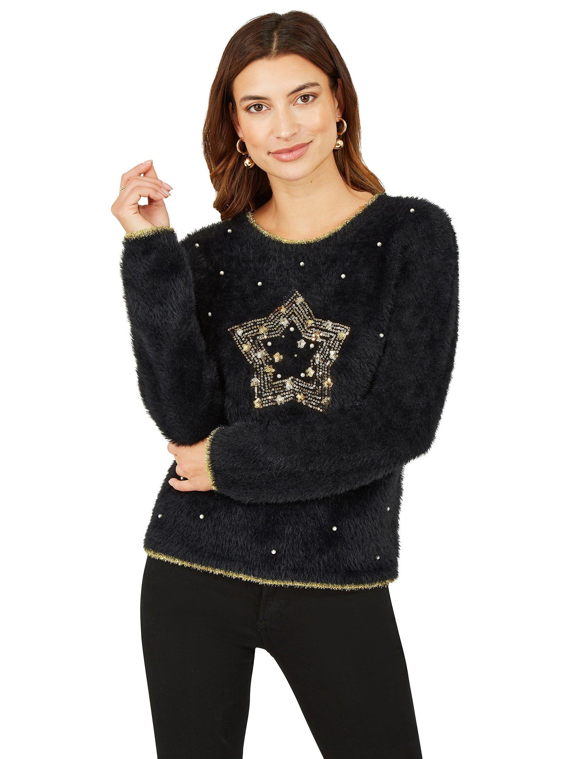 Product image 1 of 5, which shows Mela London Star Pearl Detail Christmas Jumper, Black, S