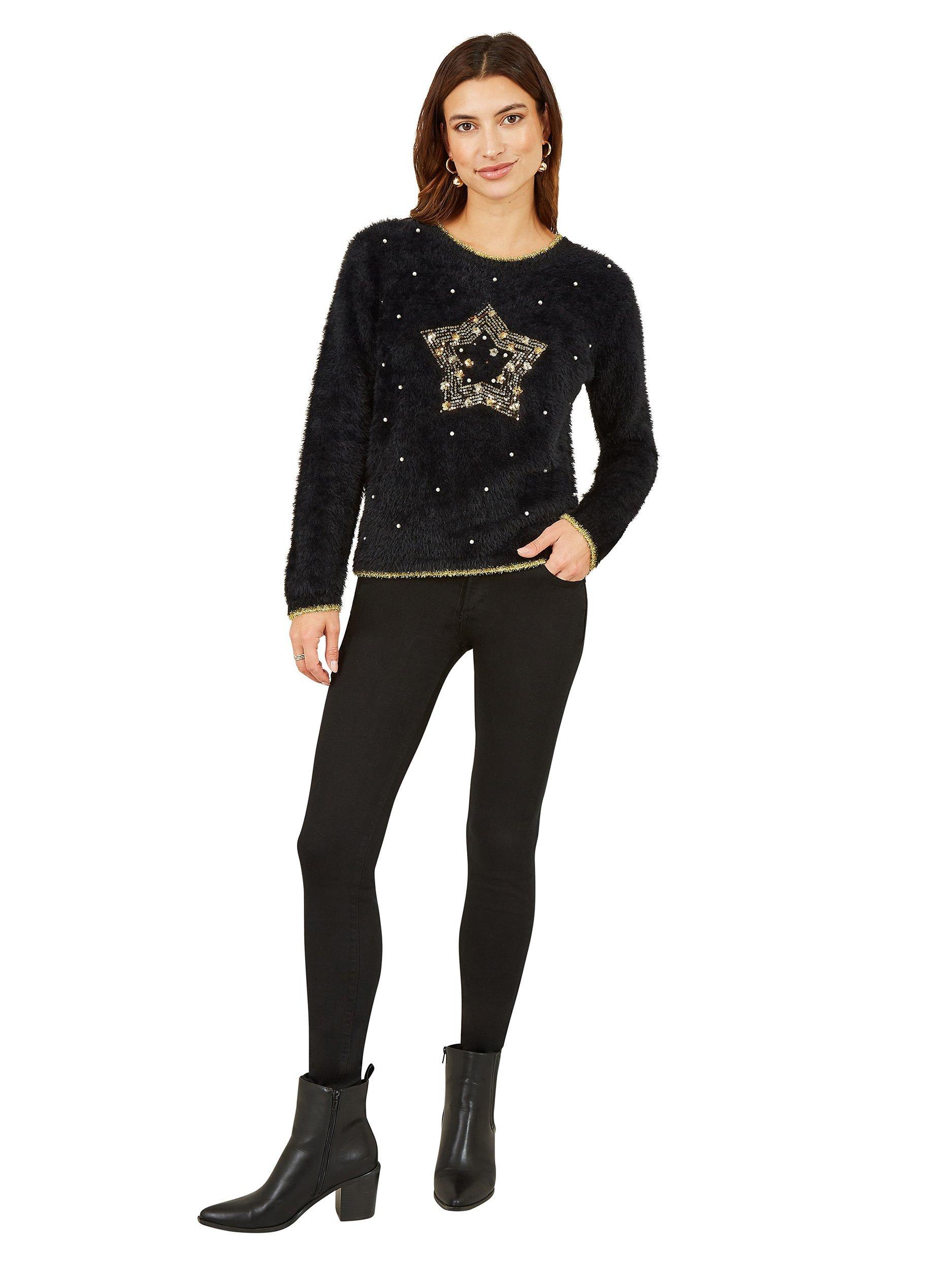 Mela London Star Pearl Detail Christmas Jumper, Black, S