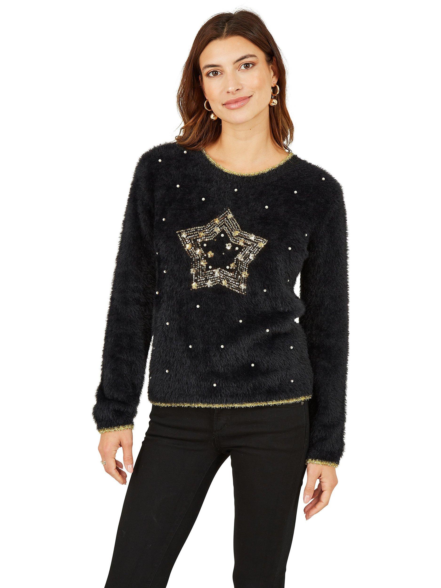 Product image 3 of 5, which shows Mela London Star Pearl Detail Christmas Jumper, Black, S