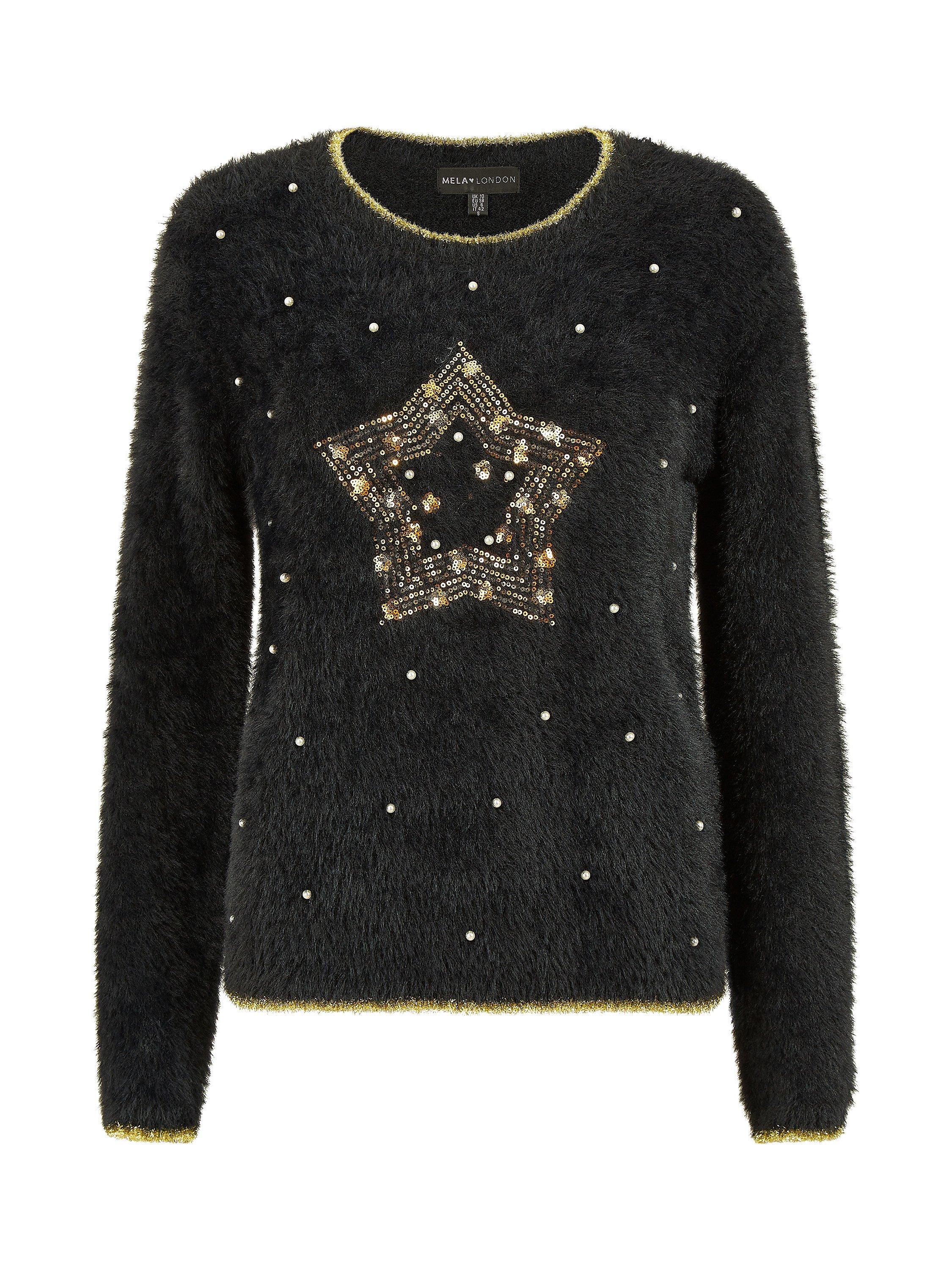 Product image 5 of 5, which shows Mela London Star Pearl Detail Christmas Jumper, Black, S