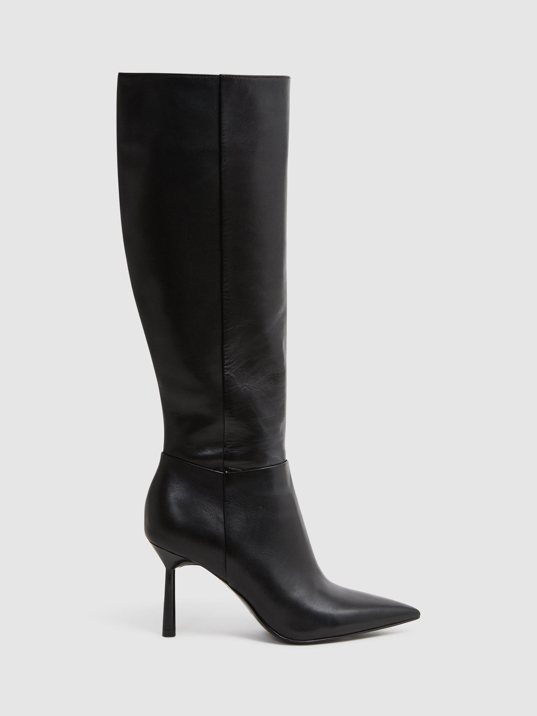 Reiss Gracyn High Heel Leather Knee High Boots, Black