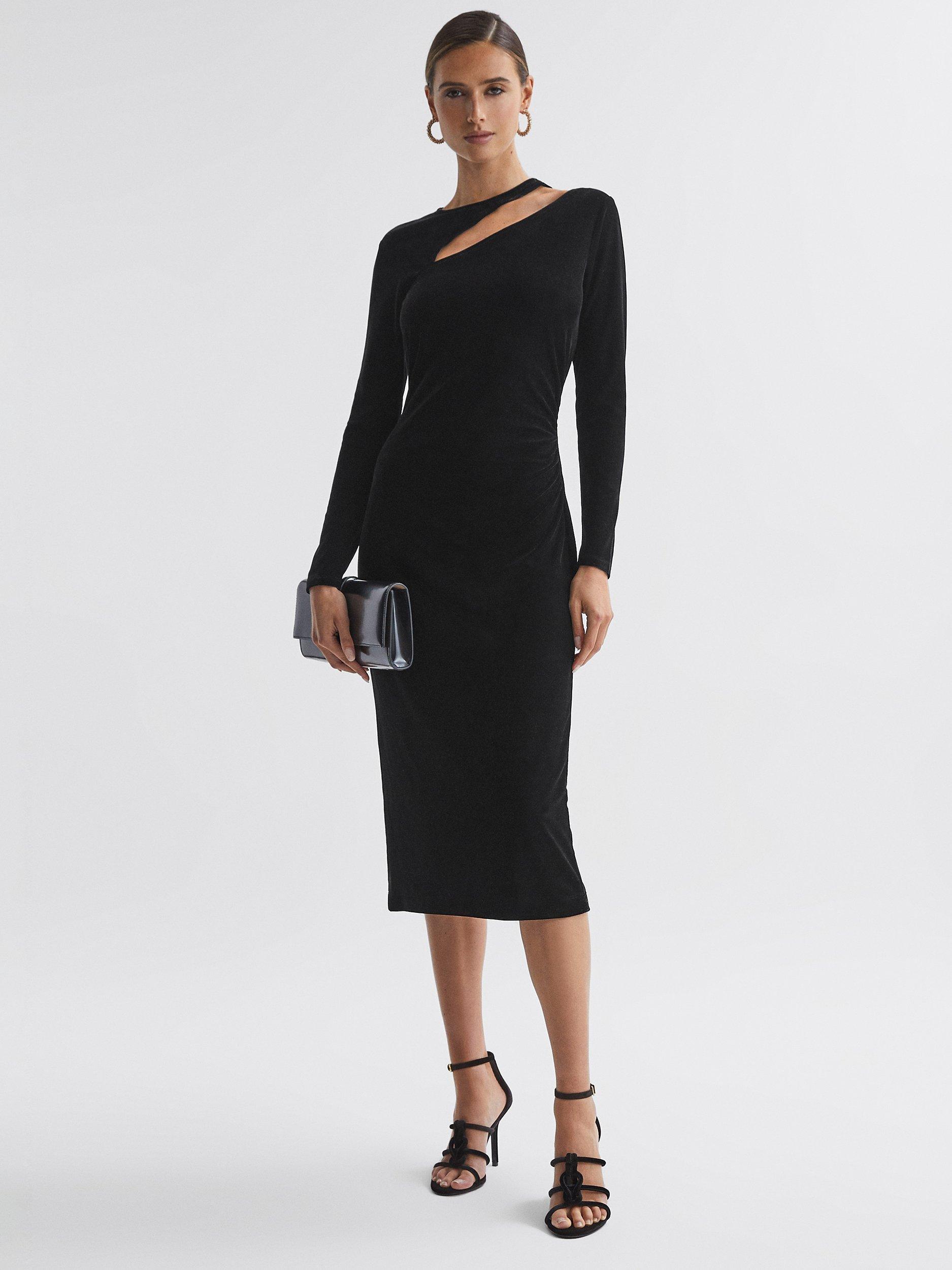 Reiss Macey Velvet Lons Sleeve Bodycon Dress, Black