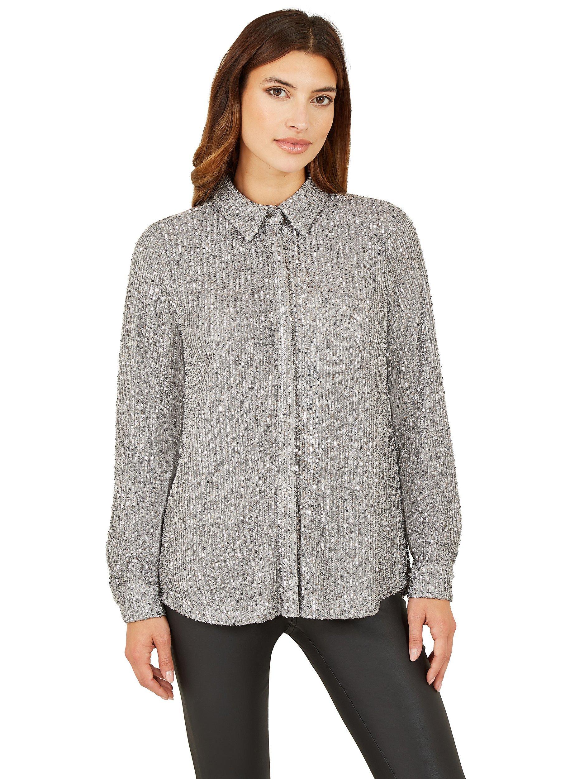 Product image 1 of 4, which shows Yumi Silver Sequin Shirt, Silver, 8