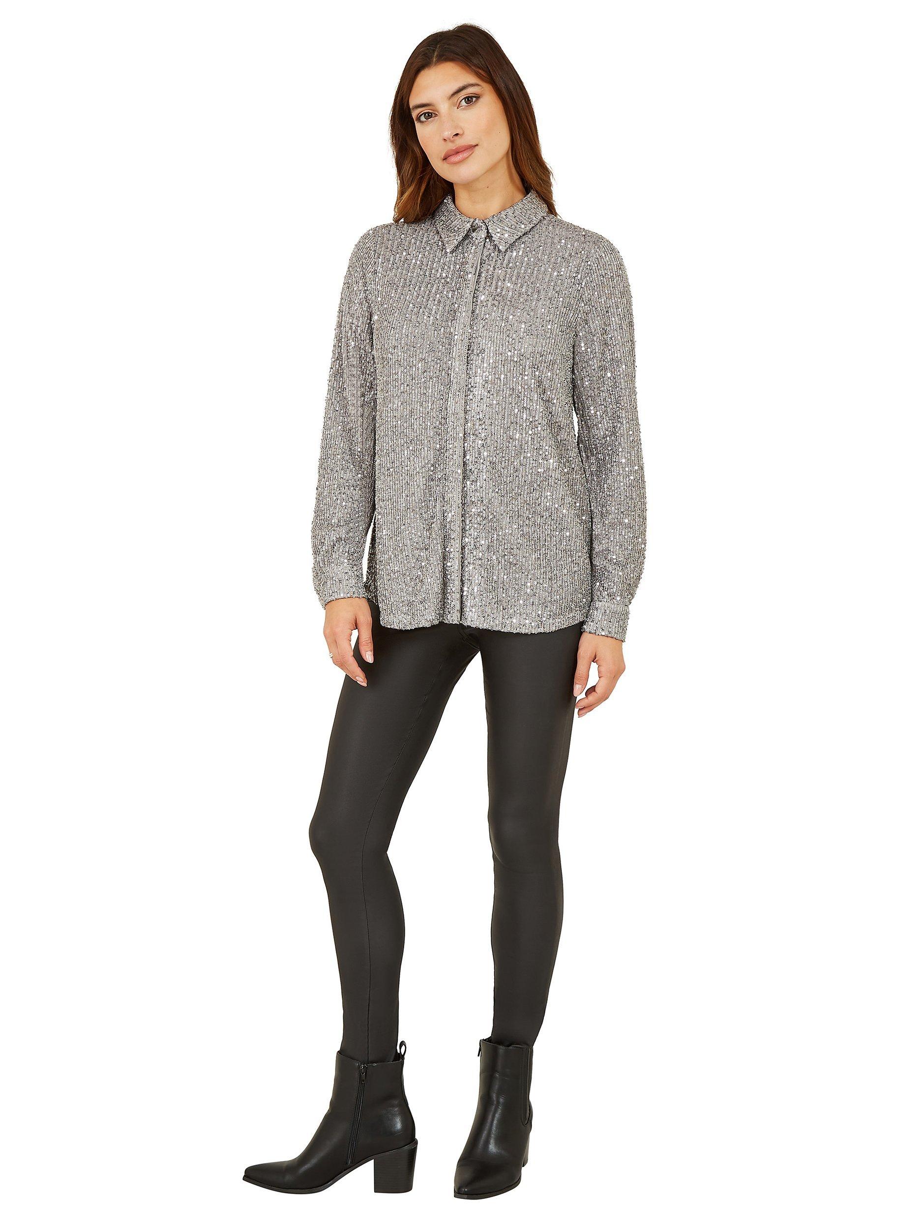 Product image 2 of 4, which shows Yumi Silver Sequin Shirt, Silver, 8