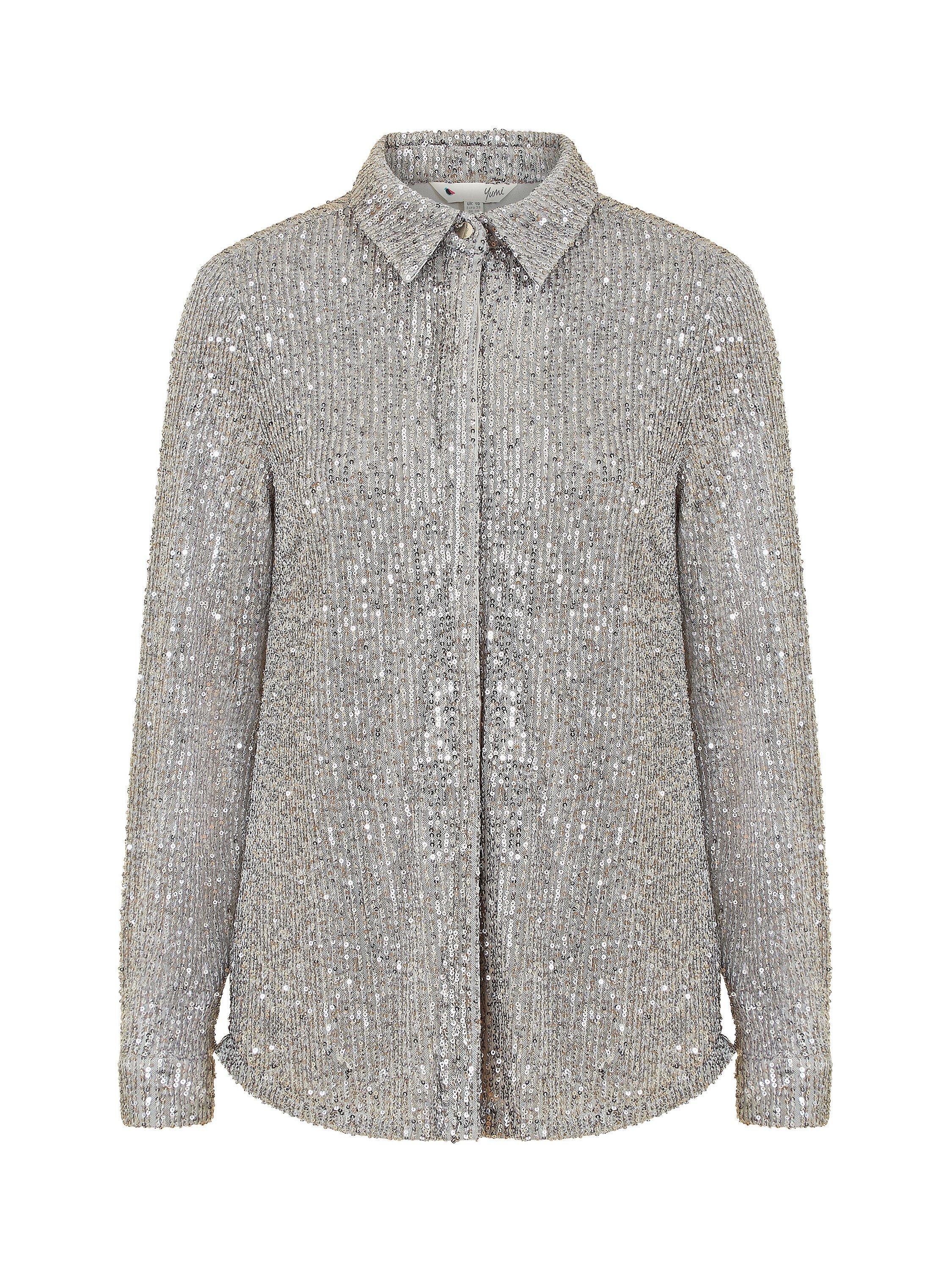 Product image 4 of 4, which shows Yumi Silver Sequin Shirt, Silver, 8