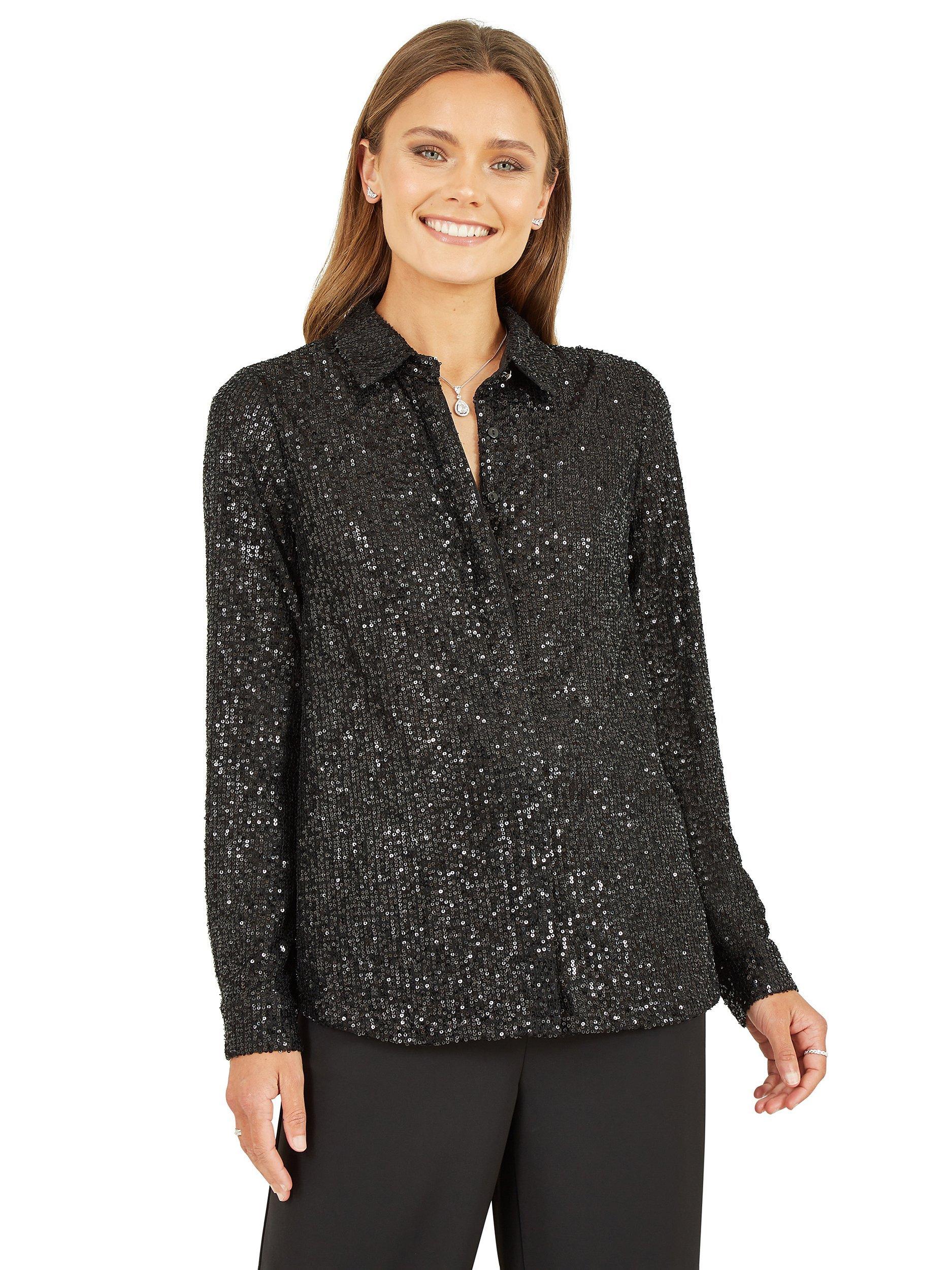 Product image 1 of 1, which shows Yumi Silver Sequin Shirt, Black, 8