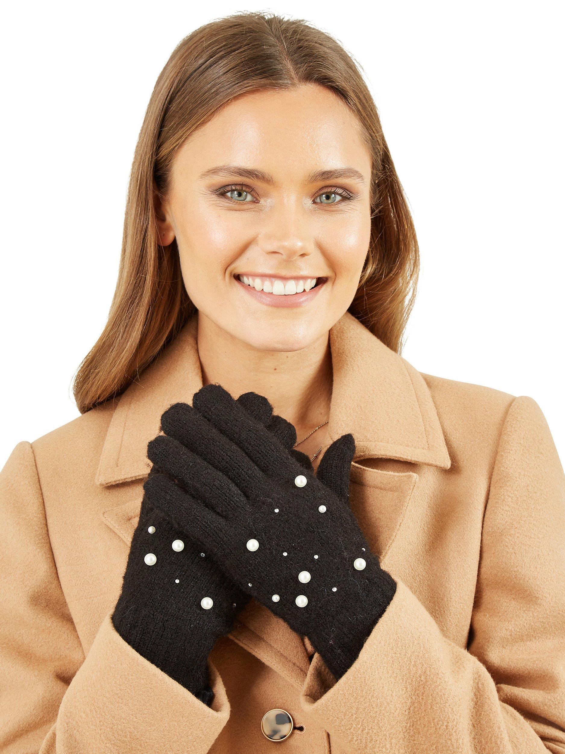 Product image 1 of 2, which shows Yumi Knitted Embellished Gloves, Black, One Size