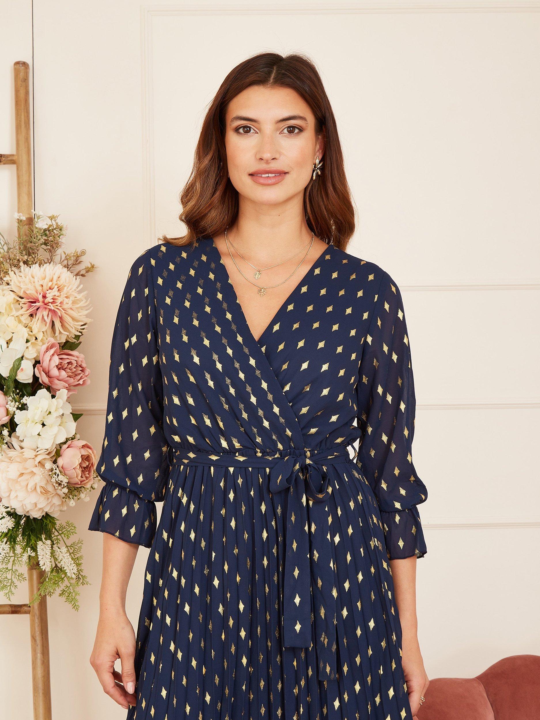 Yumi Foil Print Wrap Midi Dress, Navy