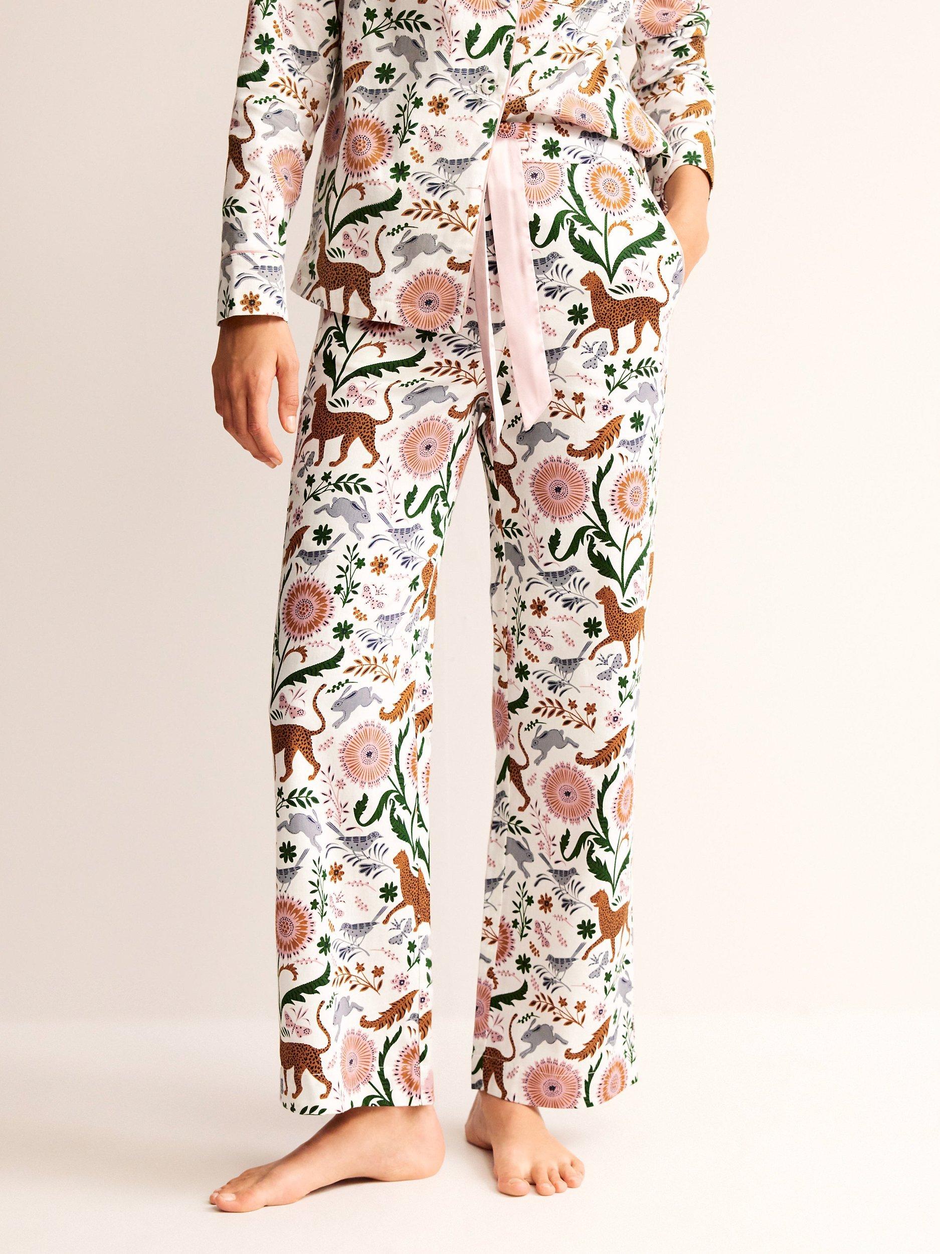 Boden Jungle Flora Print Cotton Sateen Pyjama Bottoms, Ivory/Multi