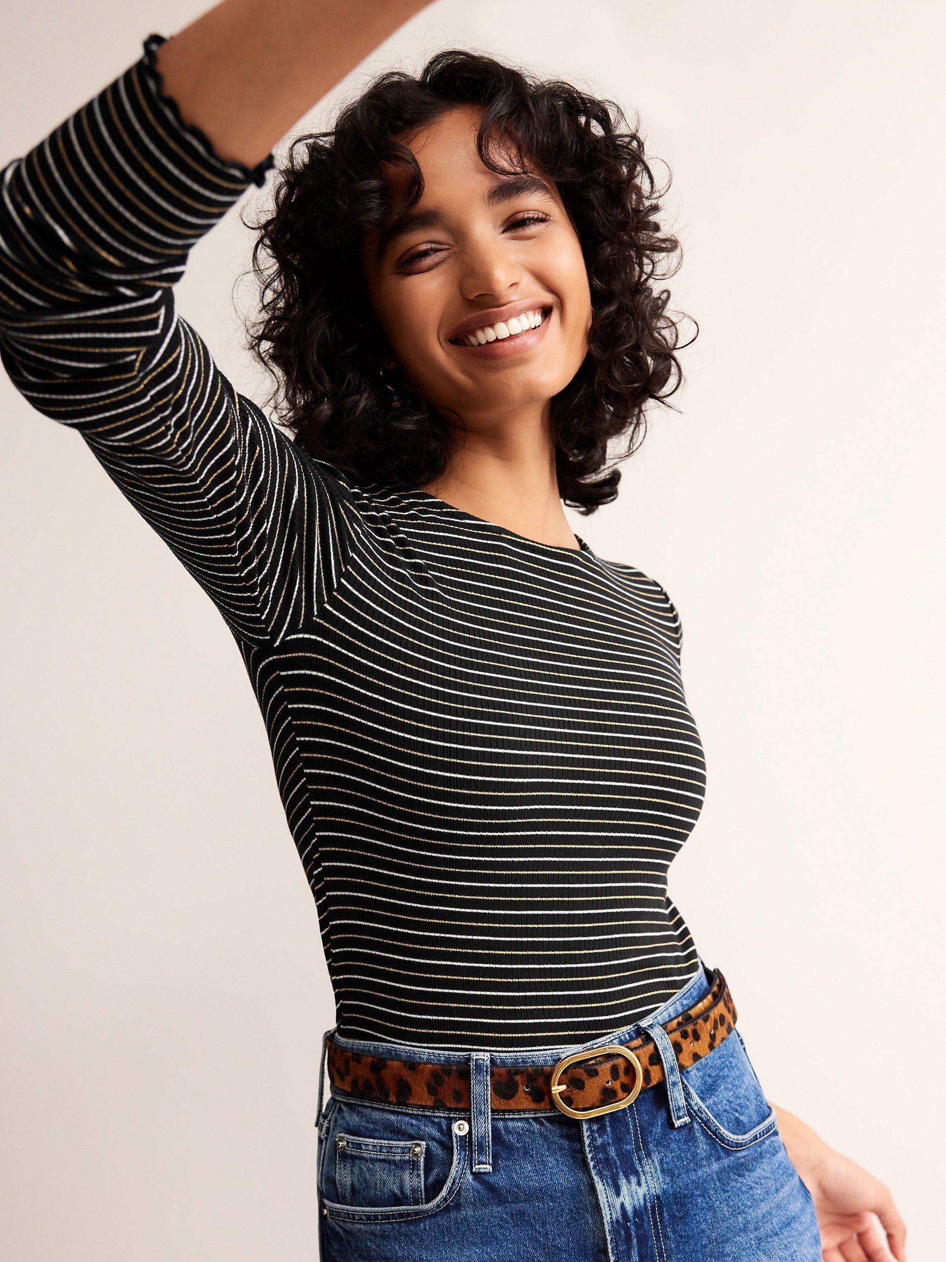 Boden Metallic Stripe Long Sleeve Top, Black/Silver/Gold