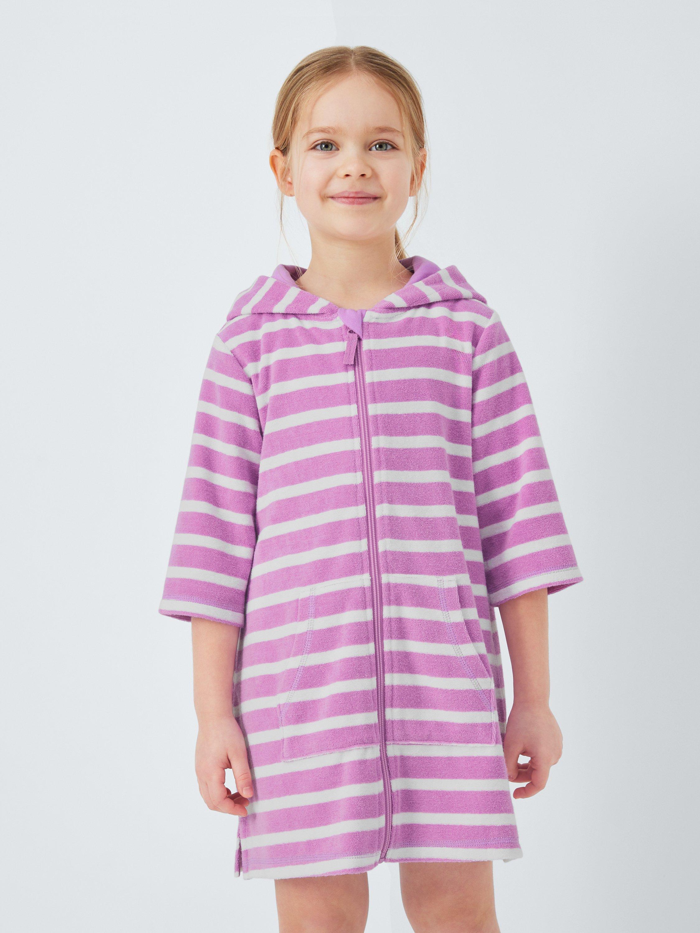 John Lewis Kids' Stripe Zip Through Towelling Poncho, Purple, 2 years