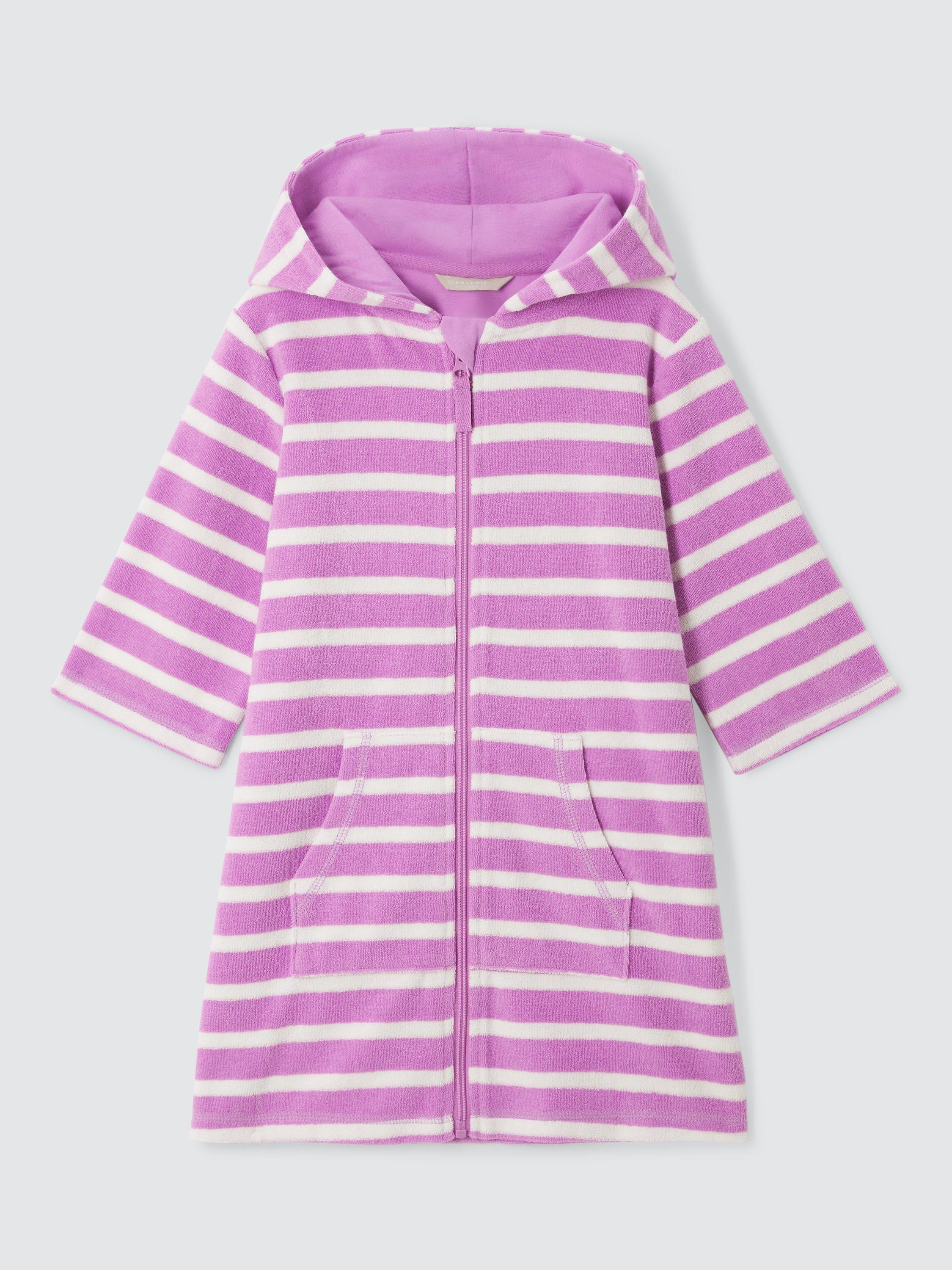 John Lewis Kids' Stripe Zip Through Towelling Poncho, Purple, 2 years