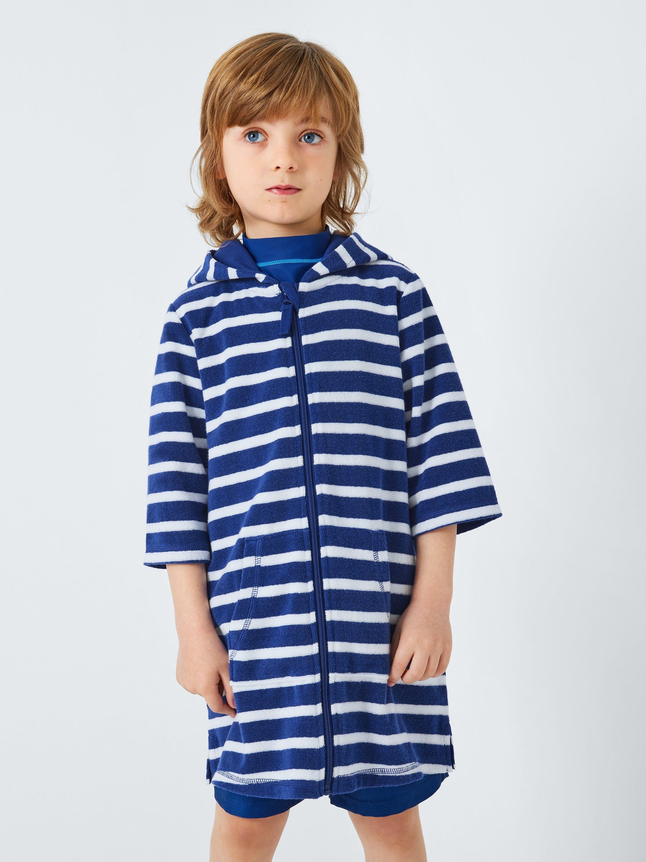 John Lewis Kids' Stripe Zip Through Towelling Poncho, Blue, 3 years