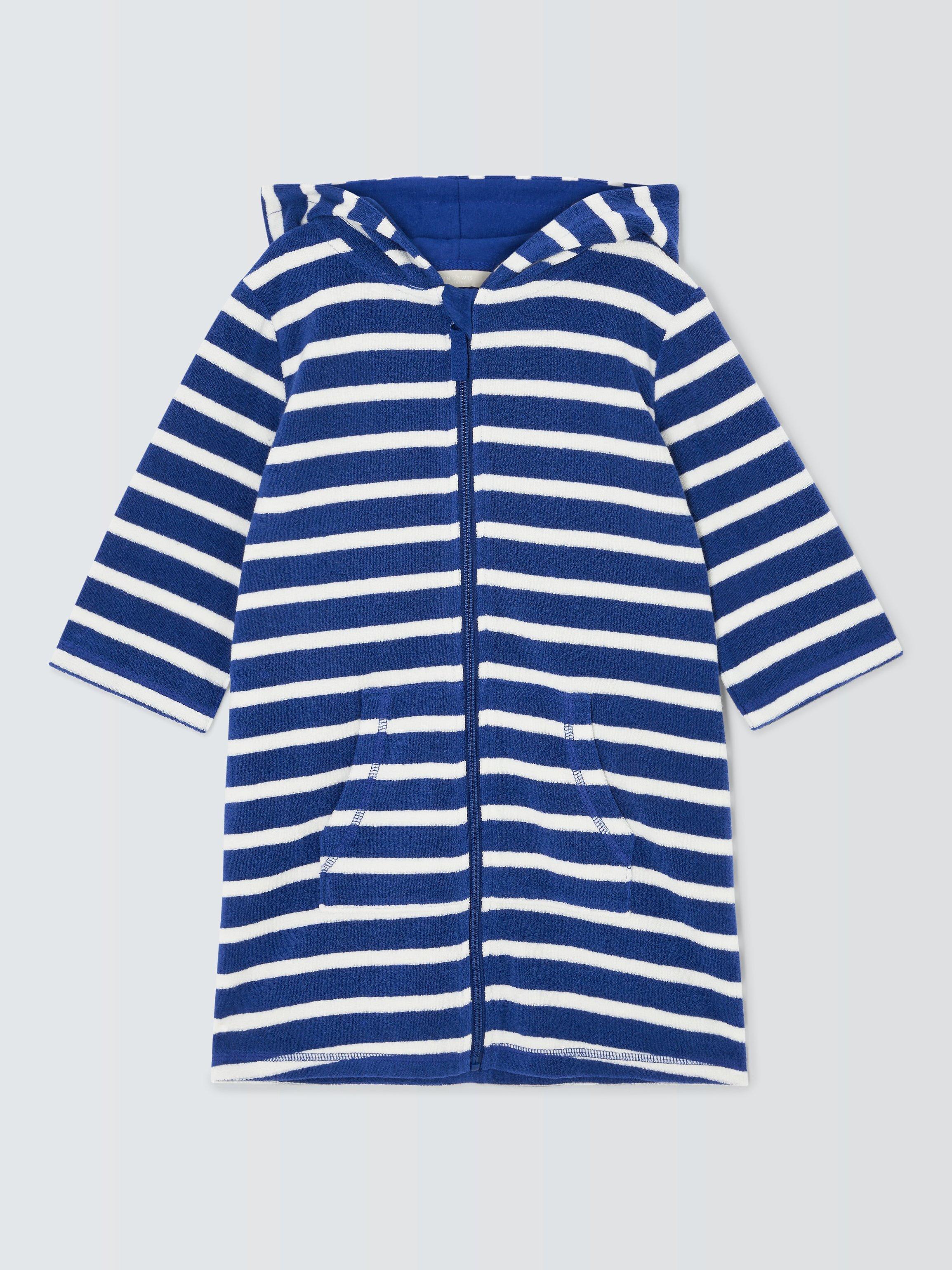 John Lewis Kids' Stripe Zip Through Towelling Poncho, Blue, 3 years