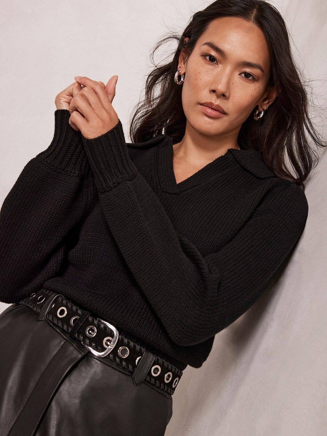 Mint Velvet Puff Sleeve Collared Jumper, Black